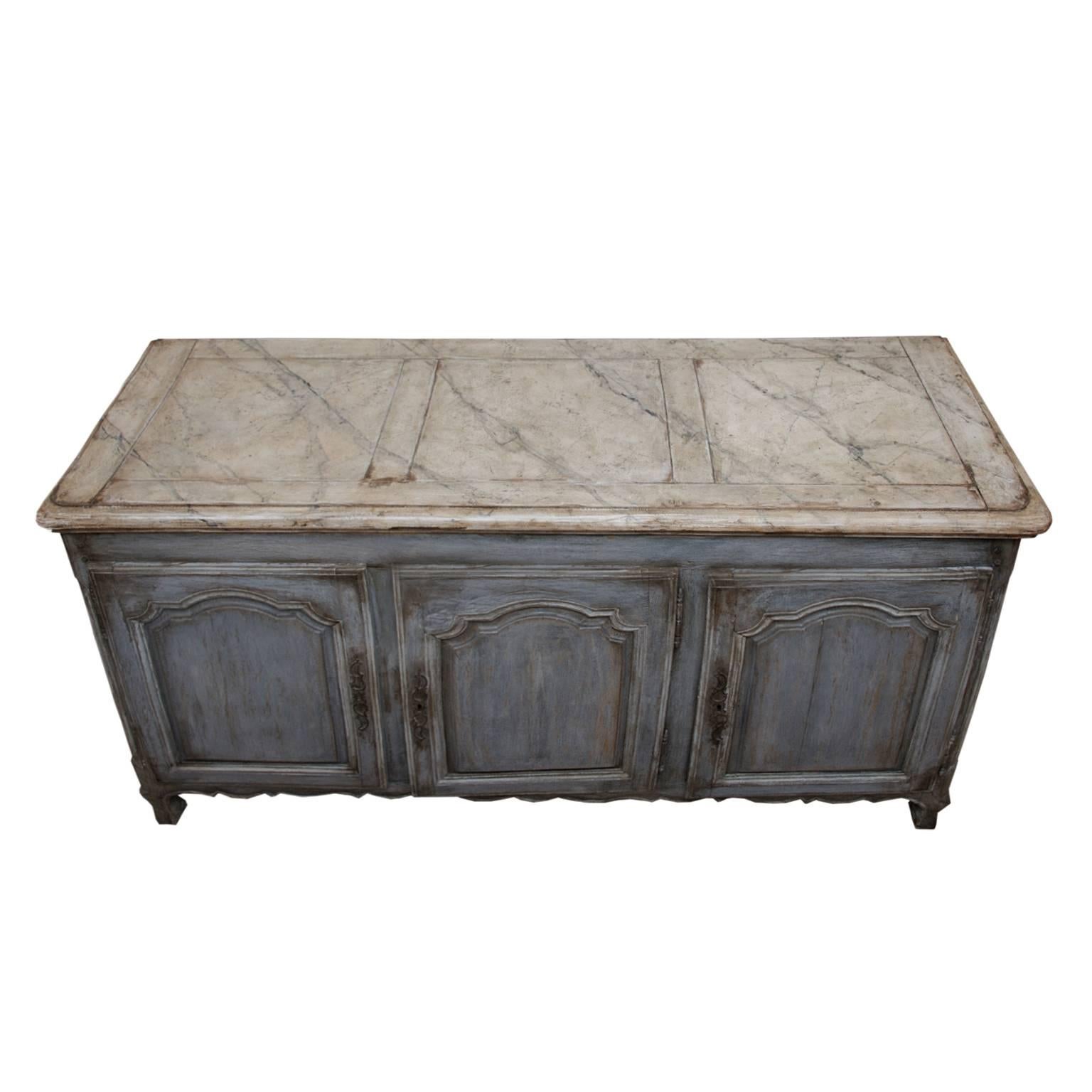 This is a really stylish and generously proportioned French mid-18th century Louis XV grey painted three door enfilade dresser with faux marble painted top (paintwork refreshed), circa 1750.