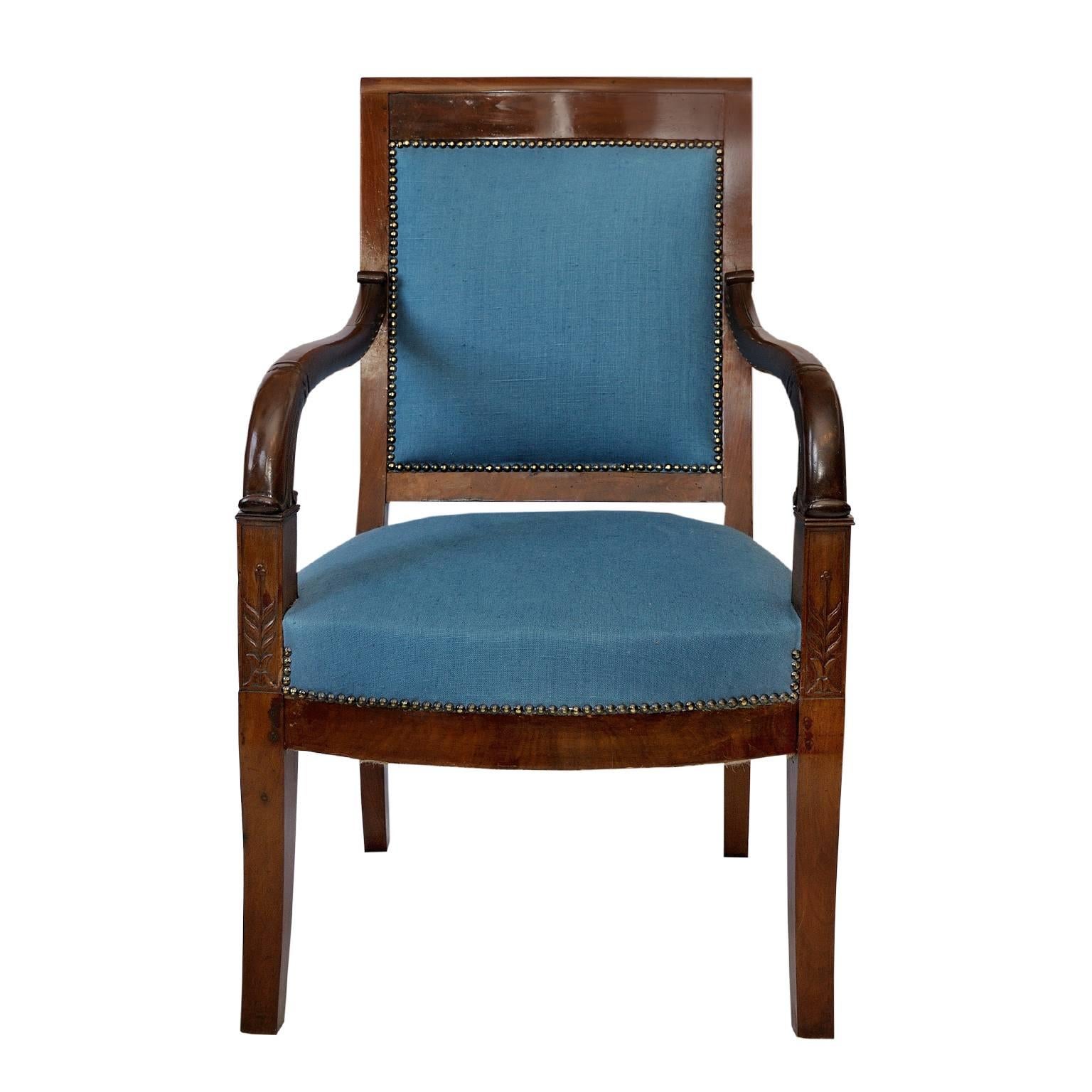 This is a very pleasing and beautifully proportioned French Napoleonic period, early 19th Century Mahogany Open armchair, beautifully upholstered in blue Scottish Linen, circa 1820.