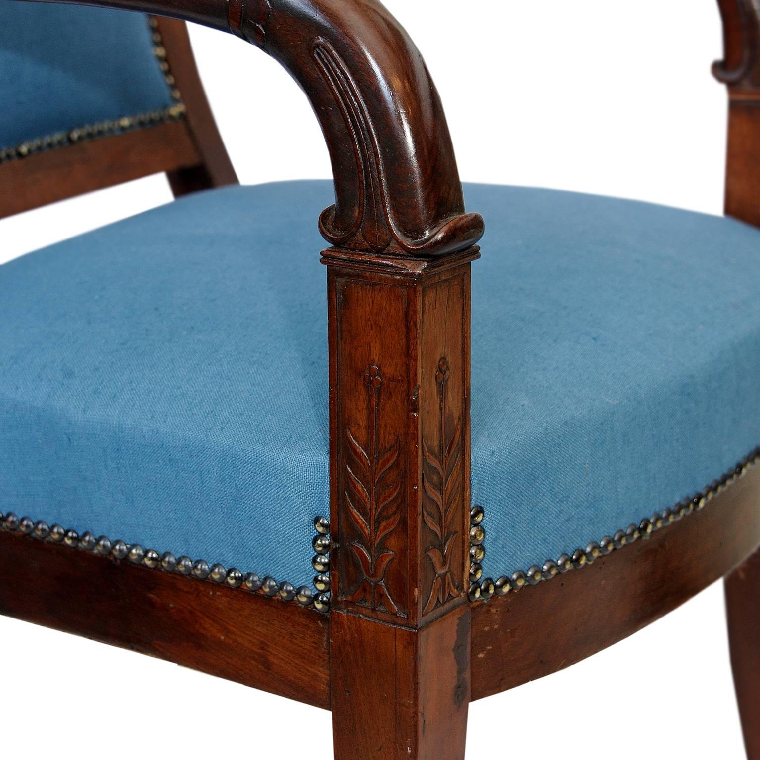 Polished French Empire Napoleonic Period Mahogany Open Armchair, circa 1820 For Sale