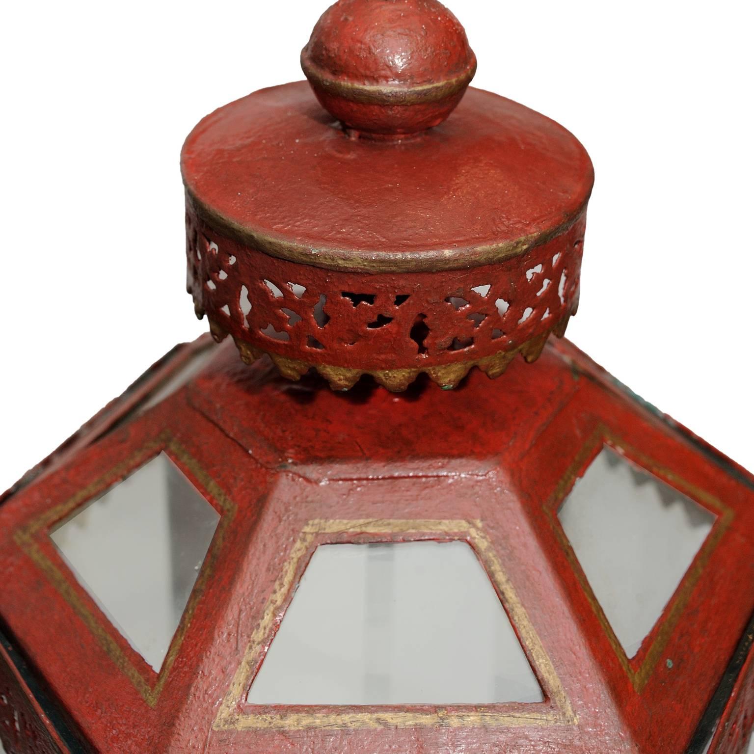 Glazed Pair of French Contemporary 18th Century Style Red Painted Hanging Lanterns For Sale
