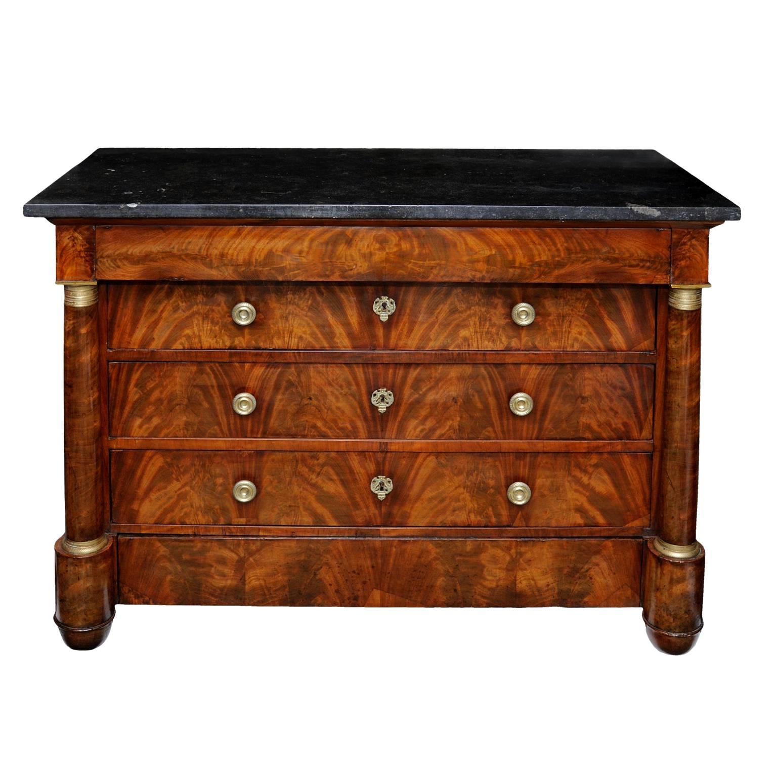 French Empire Flame Mahogany Five-Drawer Napoleonic Commode, circa 1820 For Sale