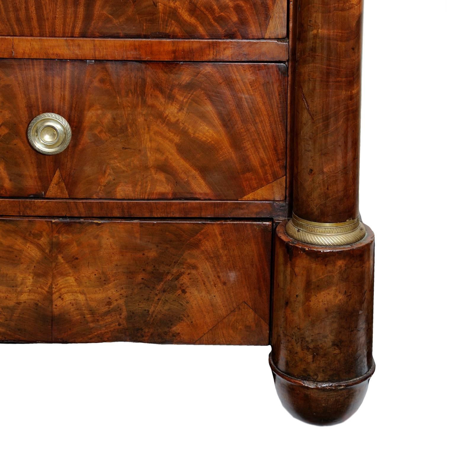Marble French Empire Flame Mahogany Five-Drawer Napoleonic Commode, circa 1820 For Sale