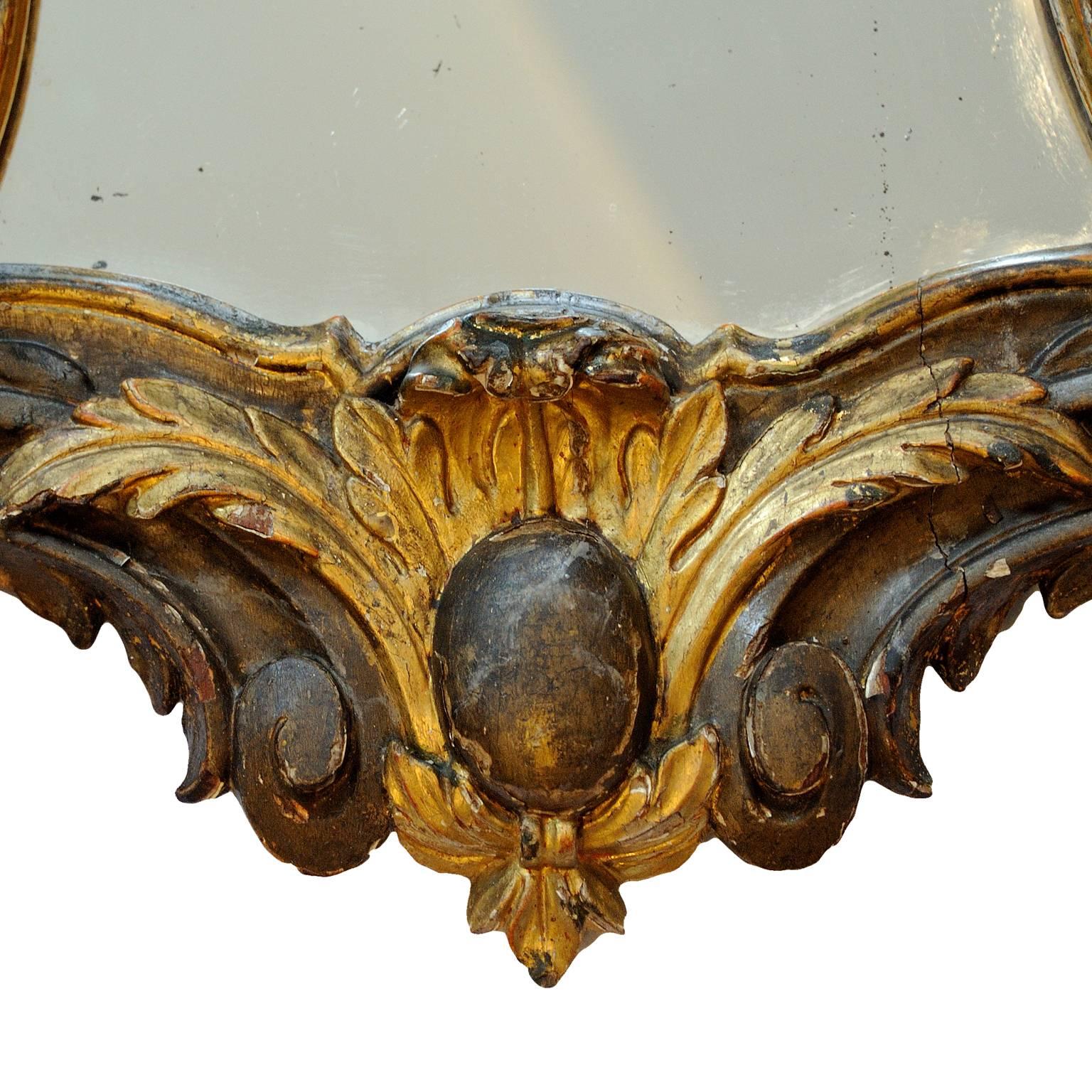 Glazed Rare Italian Louis XVI Giltwood and Painted Faux Marble Mirror, circa 1780 For Sale