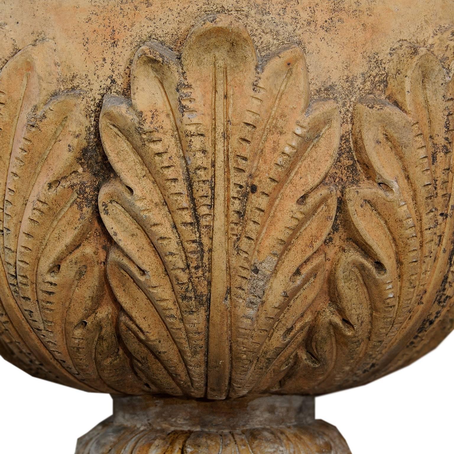 This is a large and very imposing English mid-19th century faux terracotta stoneware Urn, complete with beautiful Acanthus leaf decoration, originating from Poole Park in Dorset, circa 1860.