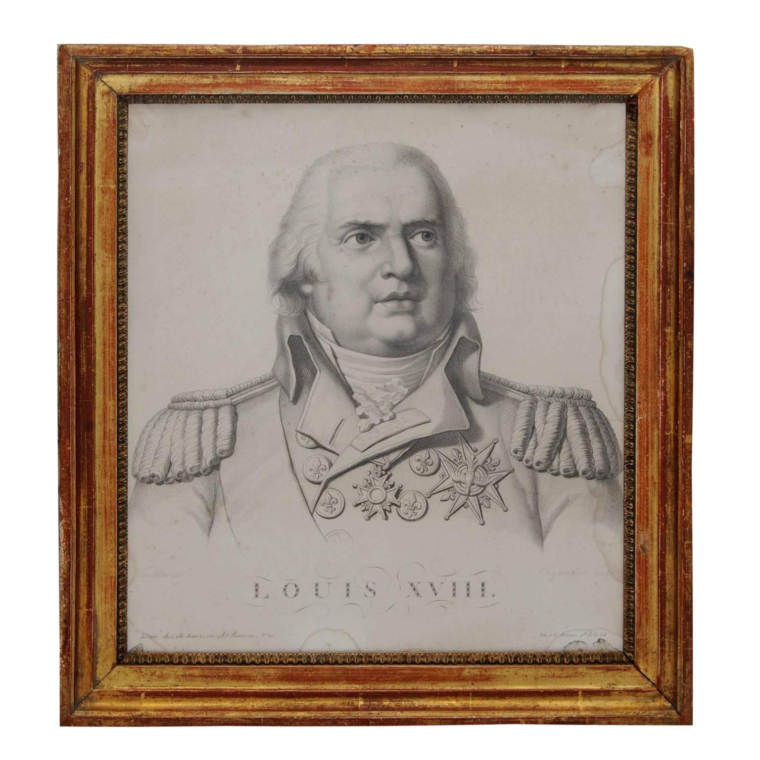 Framed Black and White Lithograph Engraving of Louis XVIII, circa 1830 For Sale