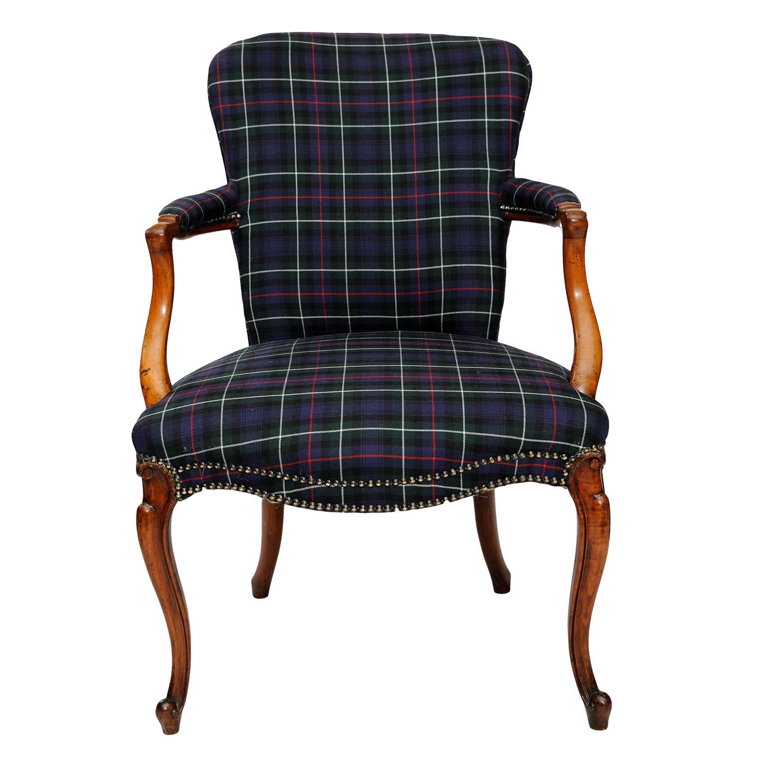 This is a very smart English mid 18th Century George III period fruitwood Open Armchair, upholstered in stylish and very complimentary tartan fabric, circa 1760.
