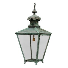 Large English Victorian Verdigris Copper Hanging Lantern, circa 1860