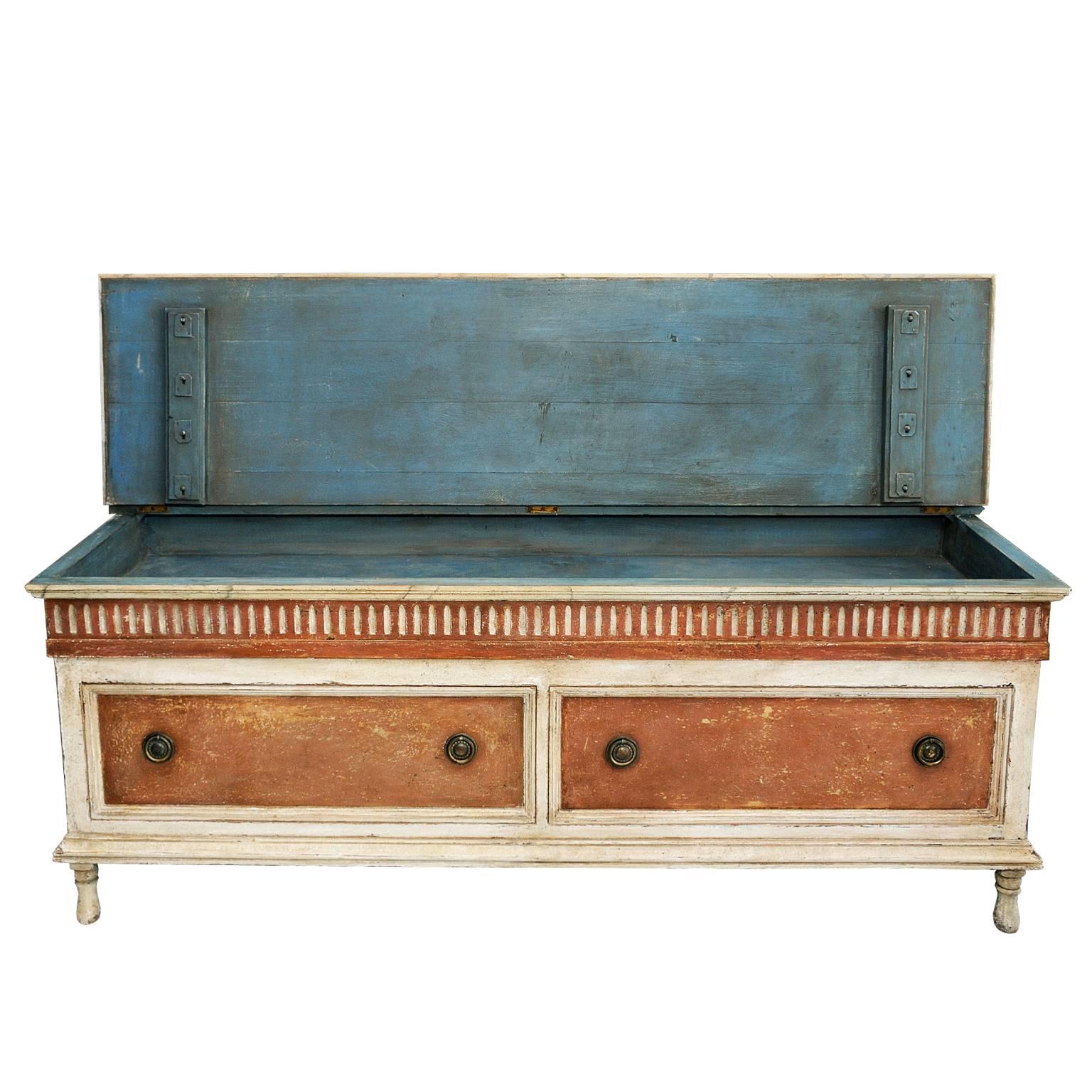 This is a highly desirable Gustavian period, Swedish late 18th century style painted faux marble blanket box of very useful proportion, circa 1860.
