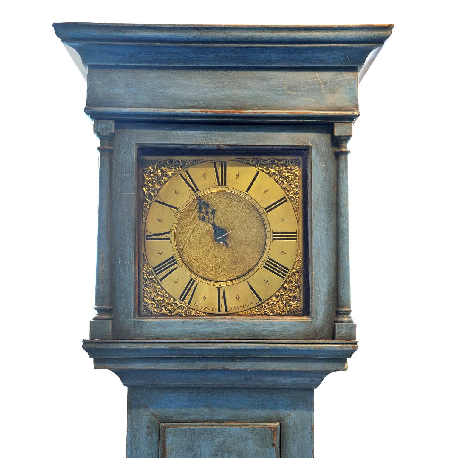 This is a wonderful country made, English George II period, 30 hour movement  painted longcase clock with a brass 10