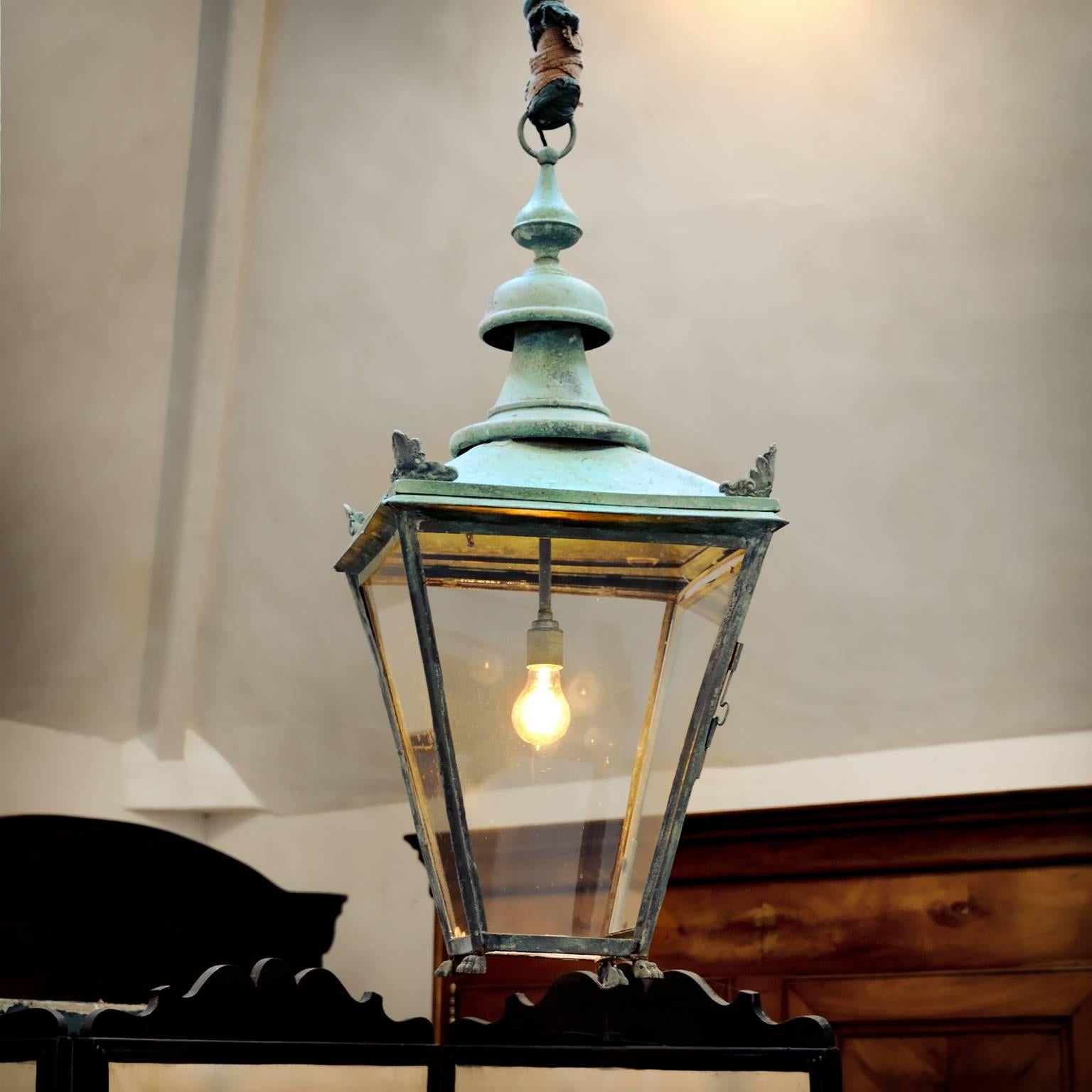 Large English Mid-19th Century Verdigris Copper Hanging Lantern, circa 1860 For Sale 2