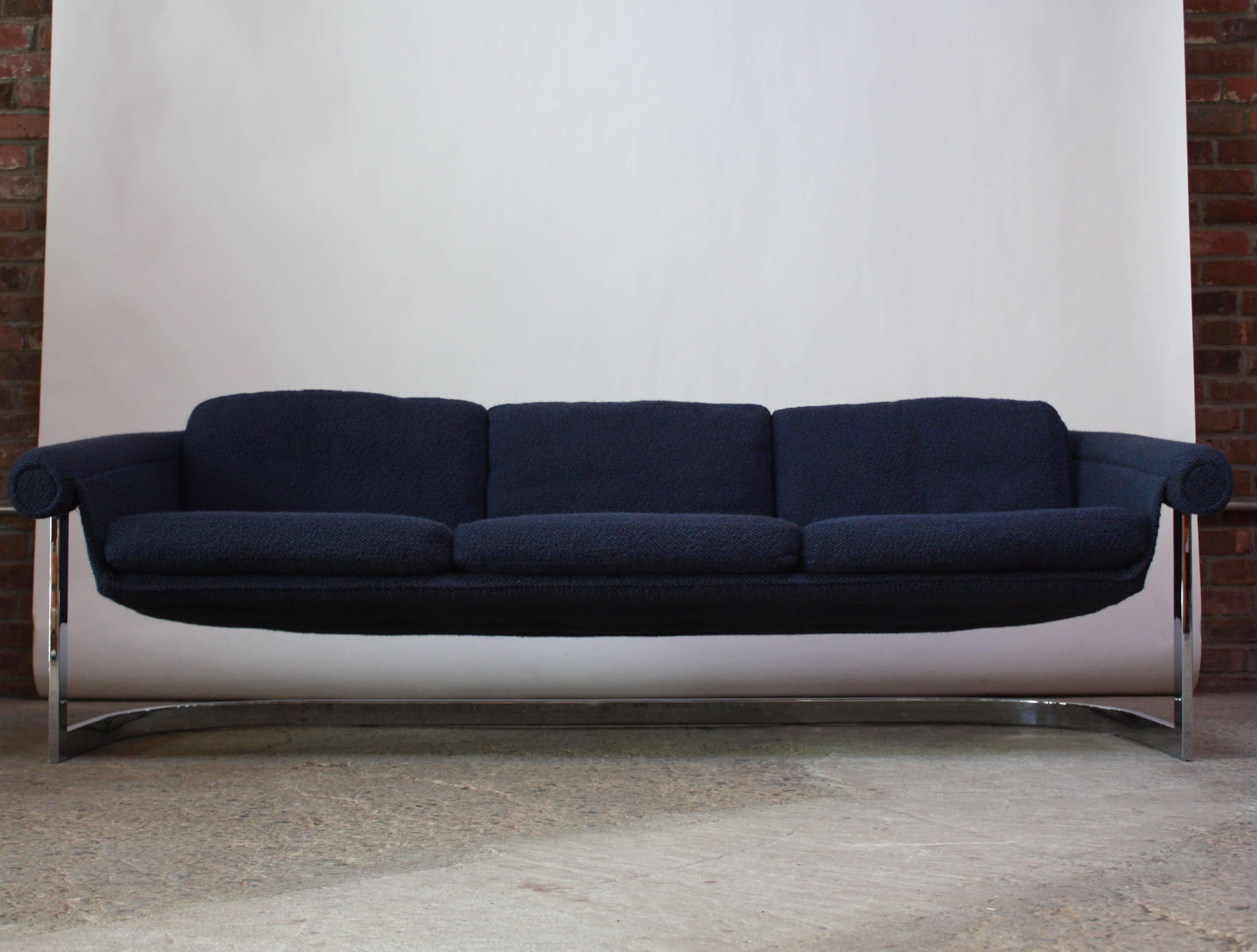 Mid-Century Modern Milo Baughman Style Cantilevered Chrome Sofa