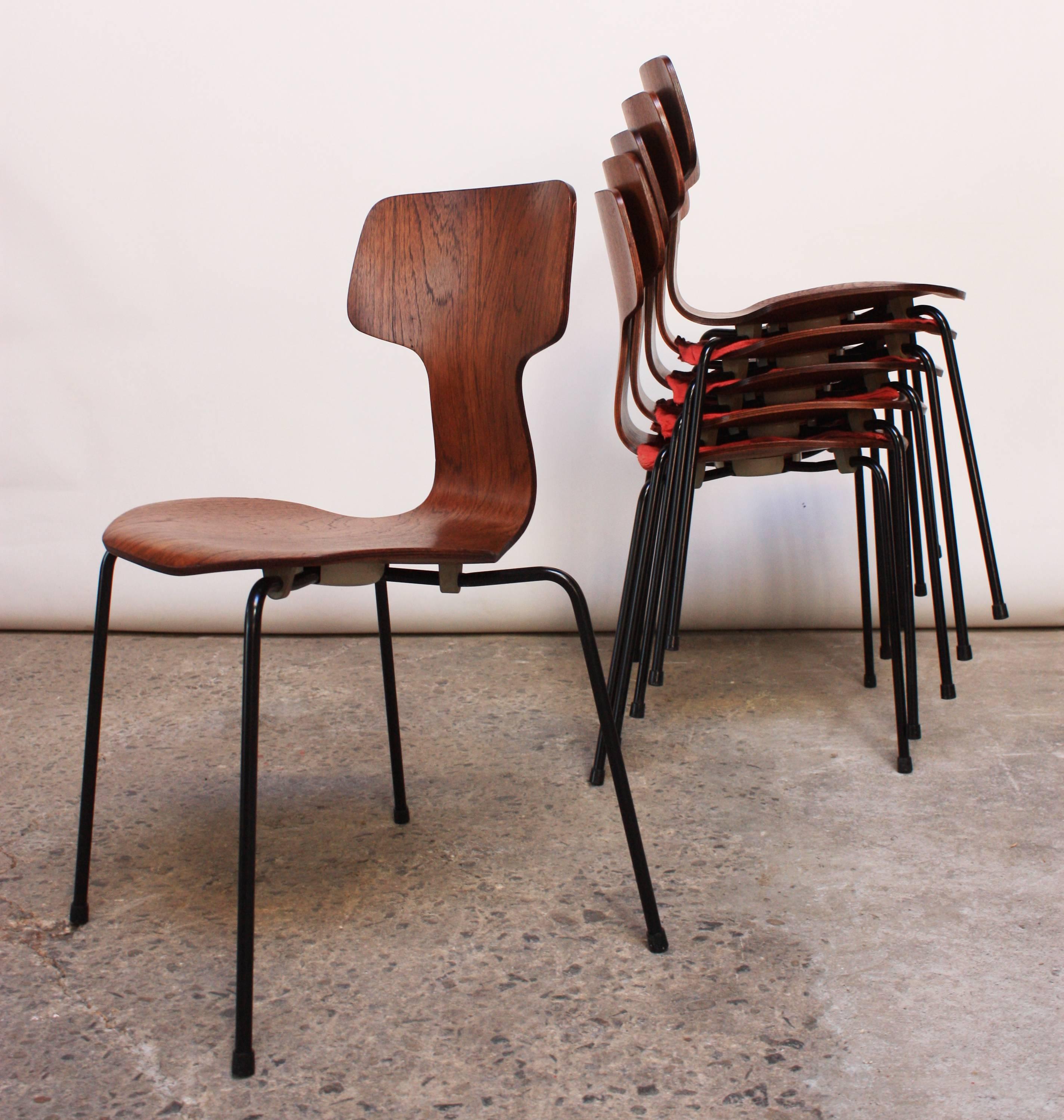 Mid-Century Modern Set of Six Arne Jacobsen for Fritz Hansen Teak Stacking Chairs #3103
