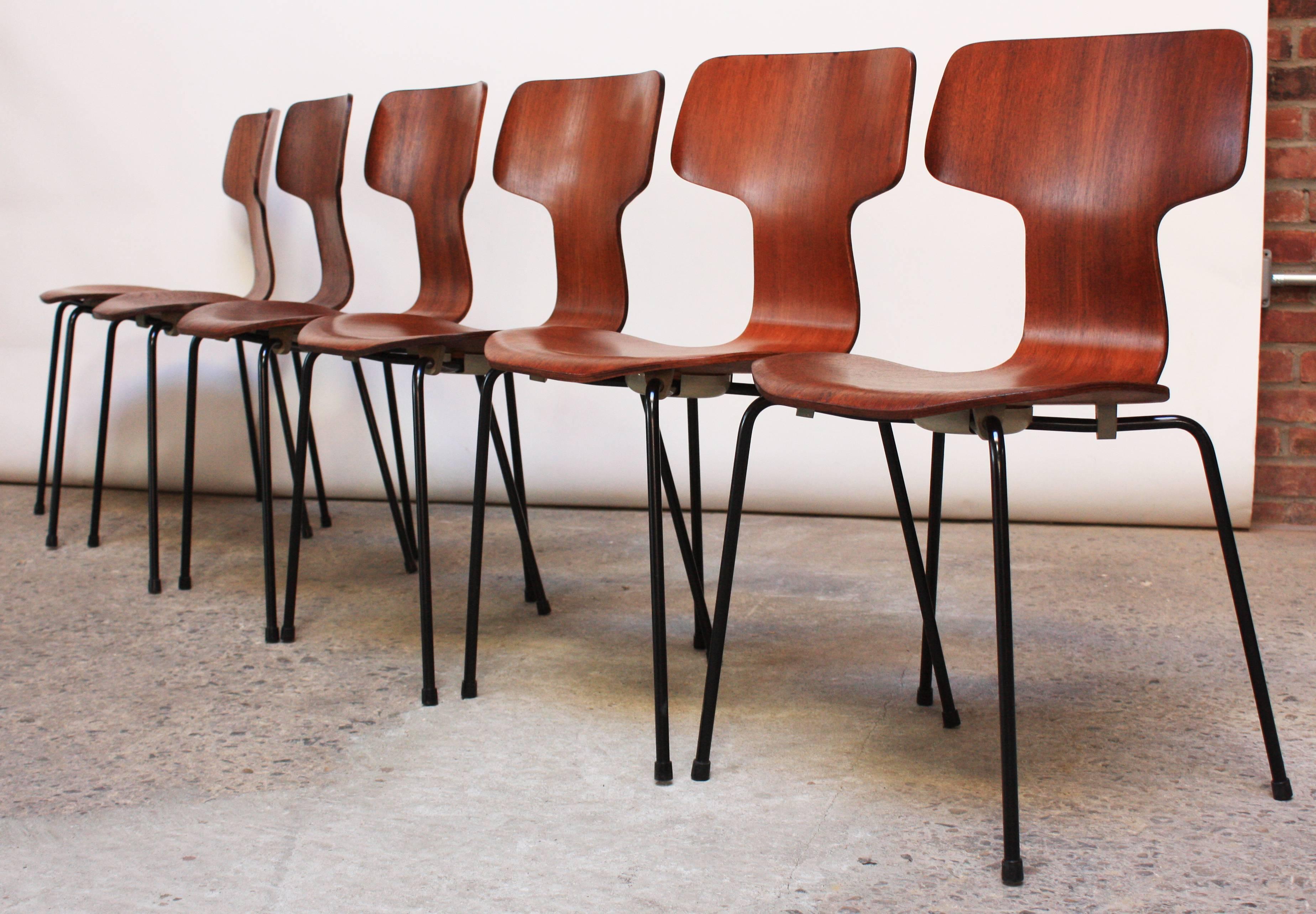 Danish Set of Six Arne Jacobsen for Fritz Hansen Teak Stacking Chairs #3103