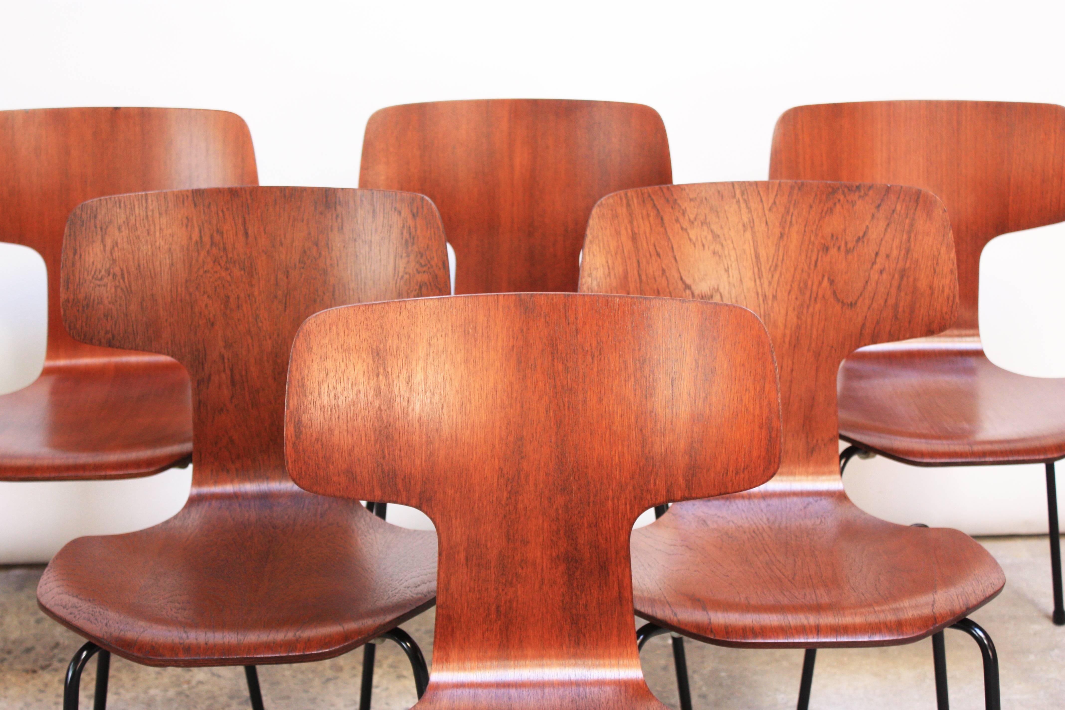 Late 20th Century Set of Six Arne Jacobsen for Fritz Hansen Teak Stacking Chairs #3103