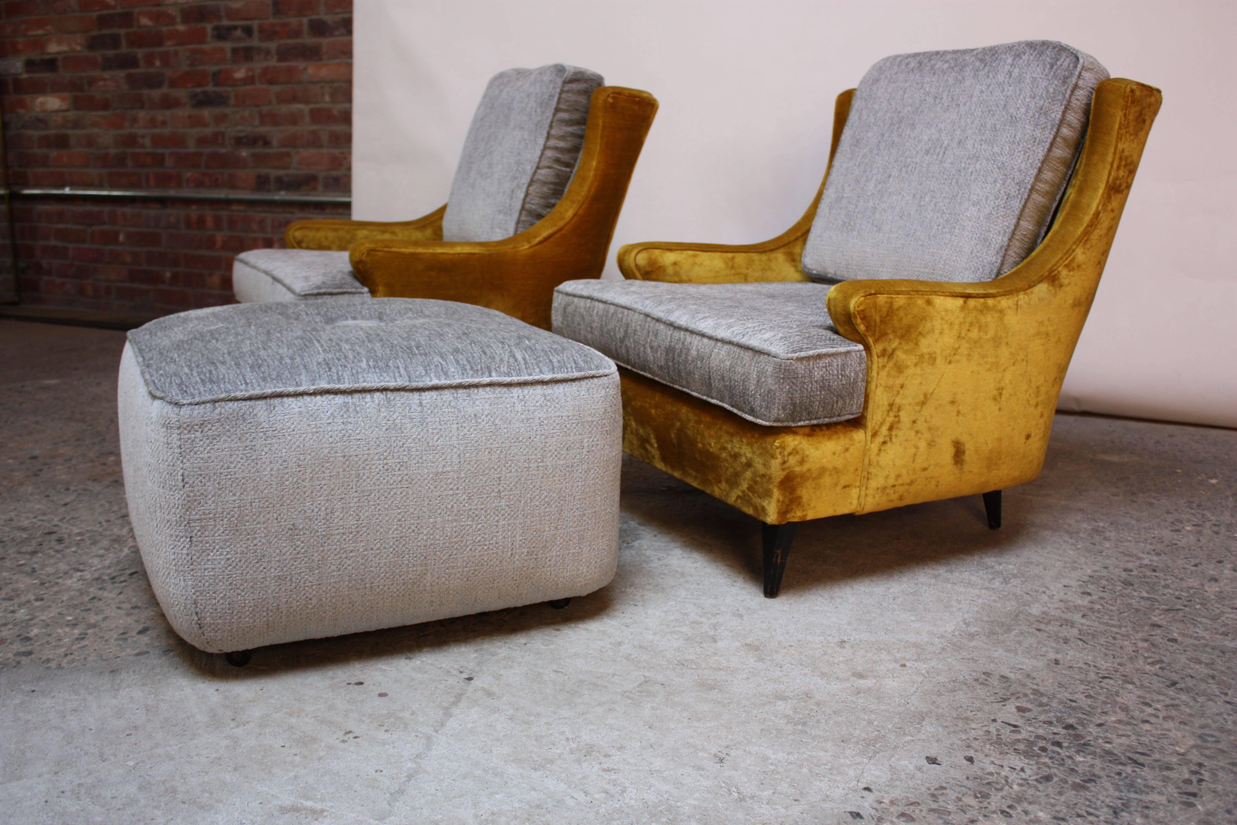 Mid-20th Century Pair of American Modern Lounge Chairs and Ottoman in Velvet and Chenille