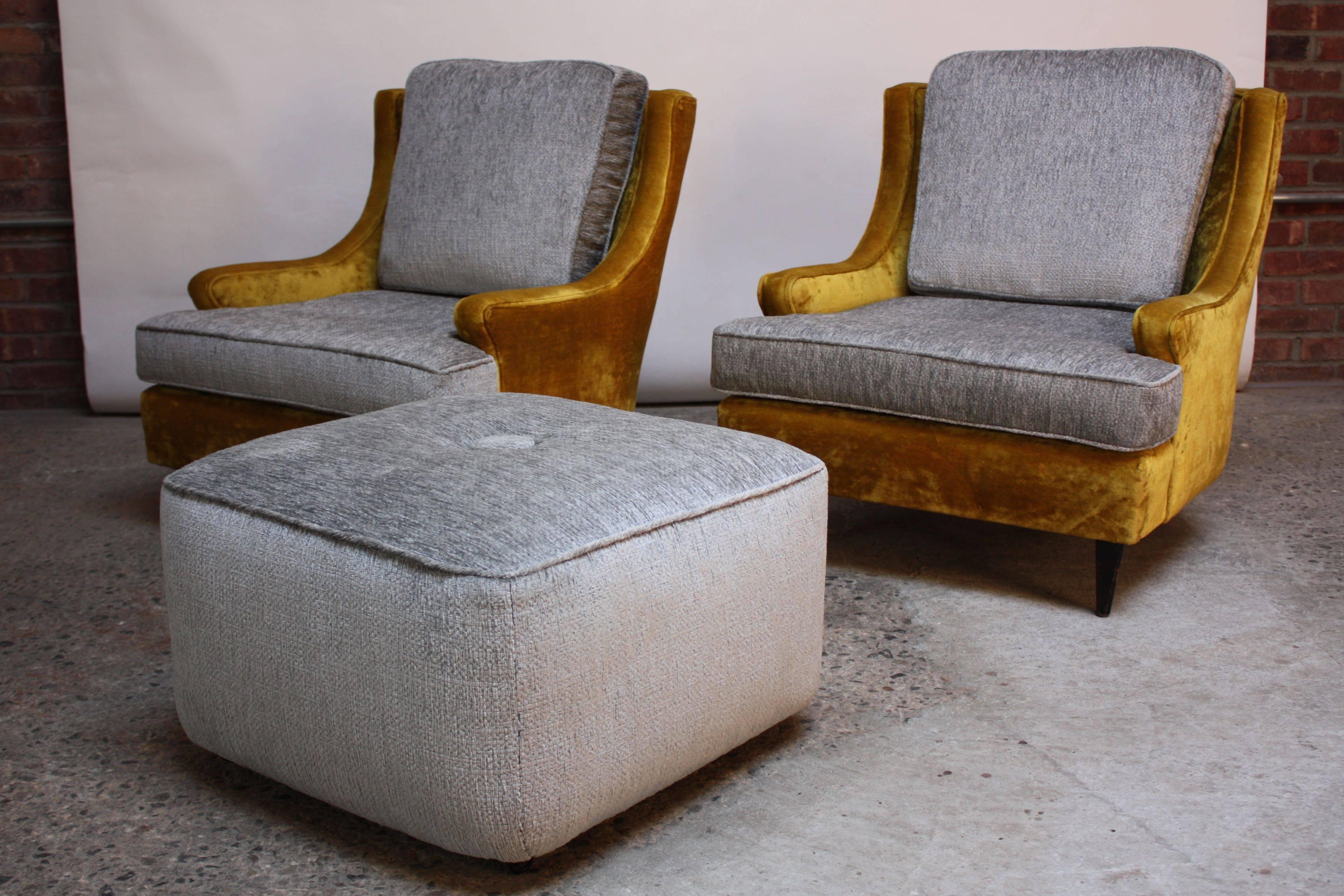 Pair of American Modern Lounge Chairs and Ottoman in Velvet and Chenille 2