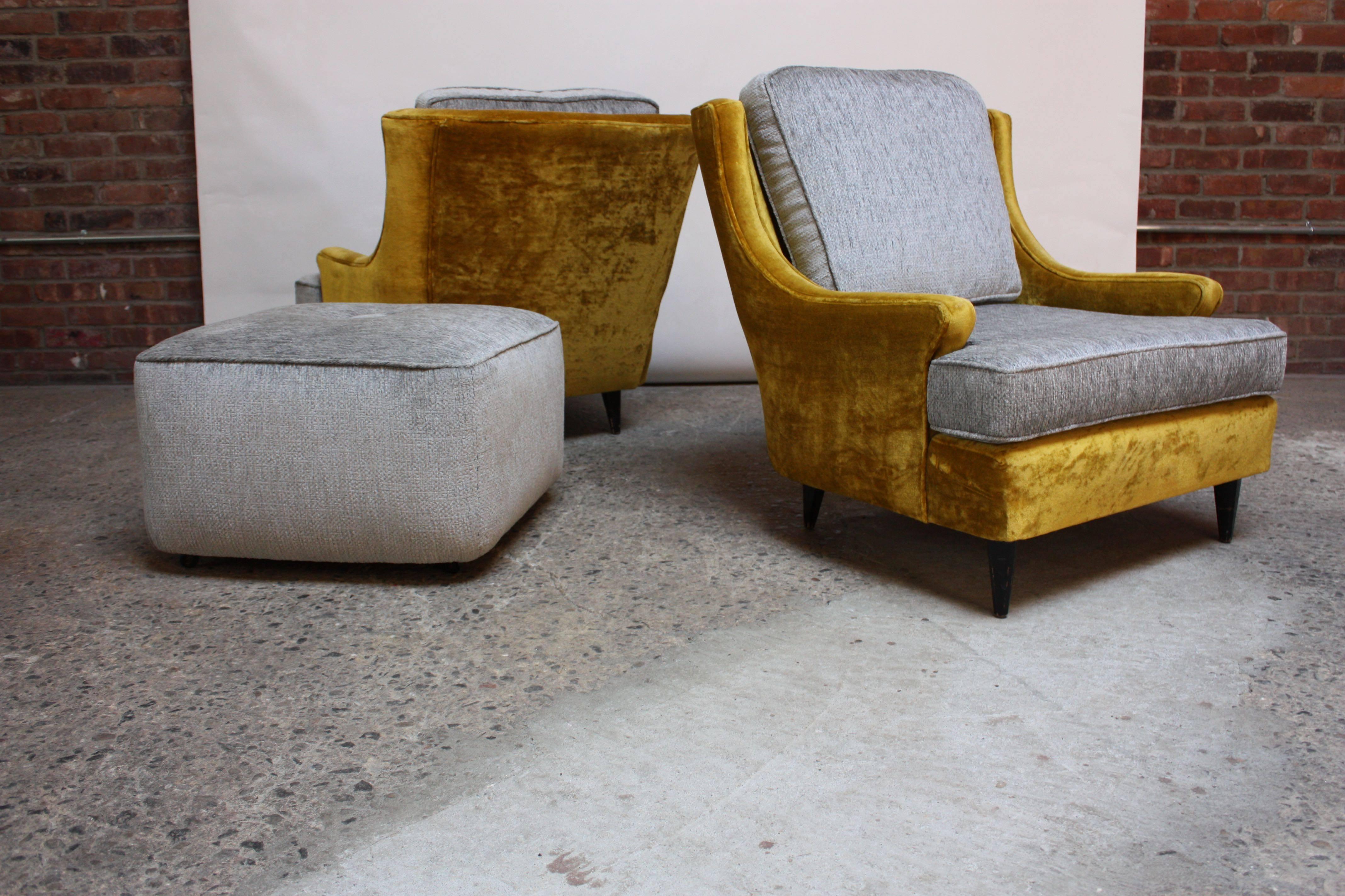 Pair of American Modern Lounge Chairs and Ottoman in Velvet and Chenille 3