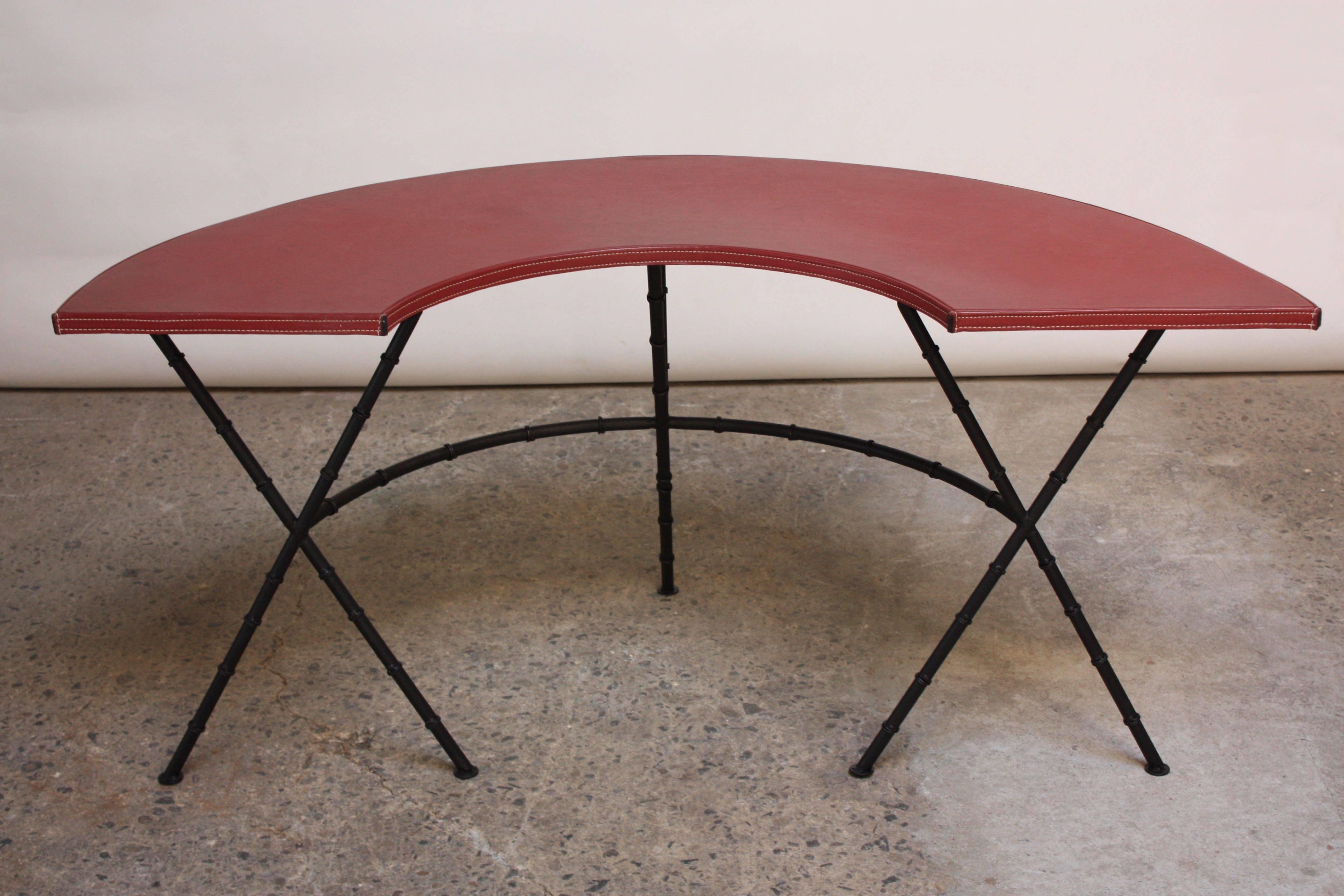 Leather and Faux-Bamboo Demilune Desk / Table after Jacques Adnet In Good Condition In Brooklyn, NY