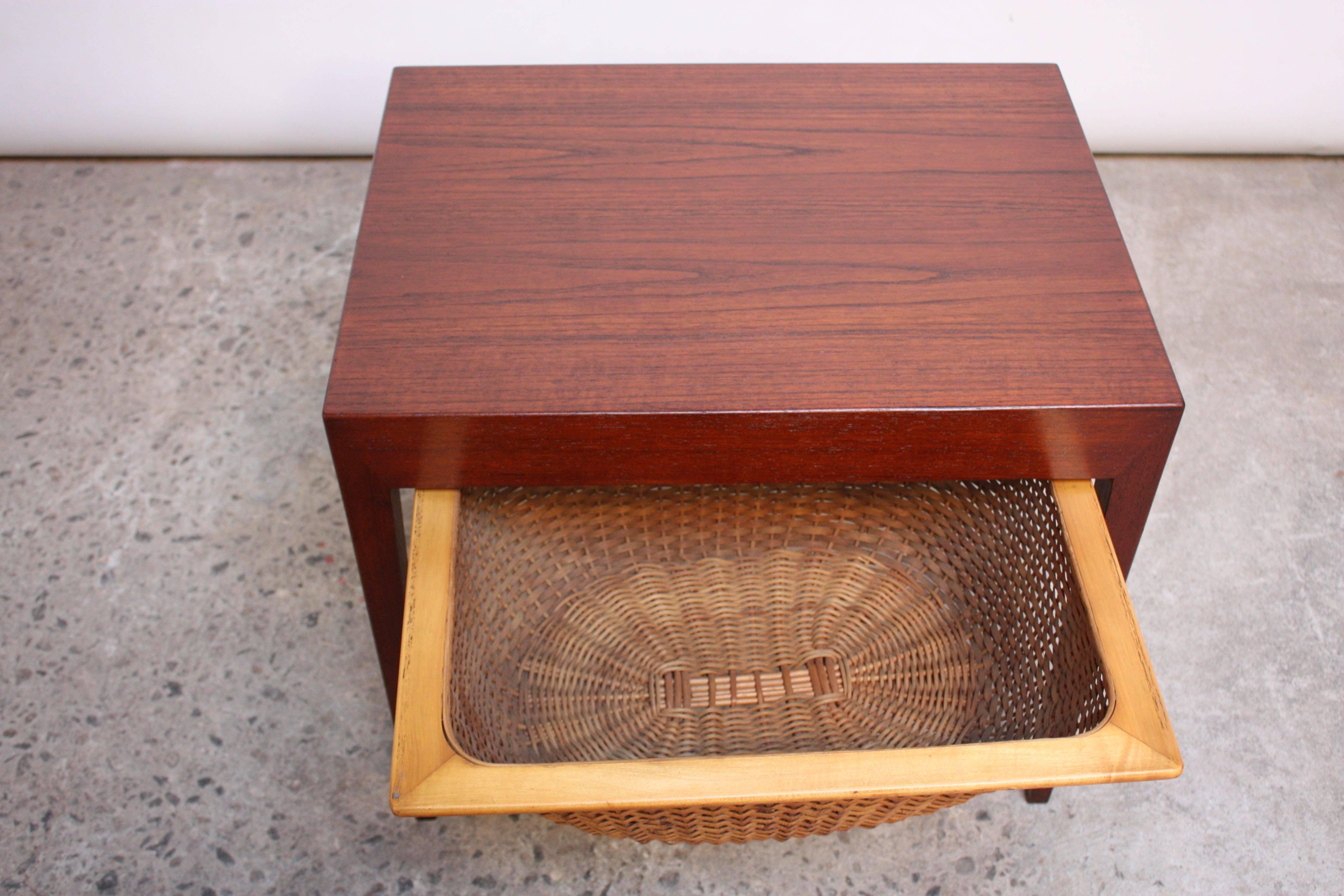 Mid-Century Modern Teak and Rattan Sewing Table by Severin Hansen Jr. for Haslev Mobelsnedkeri