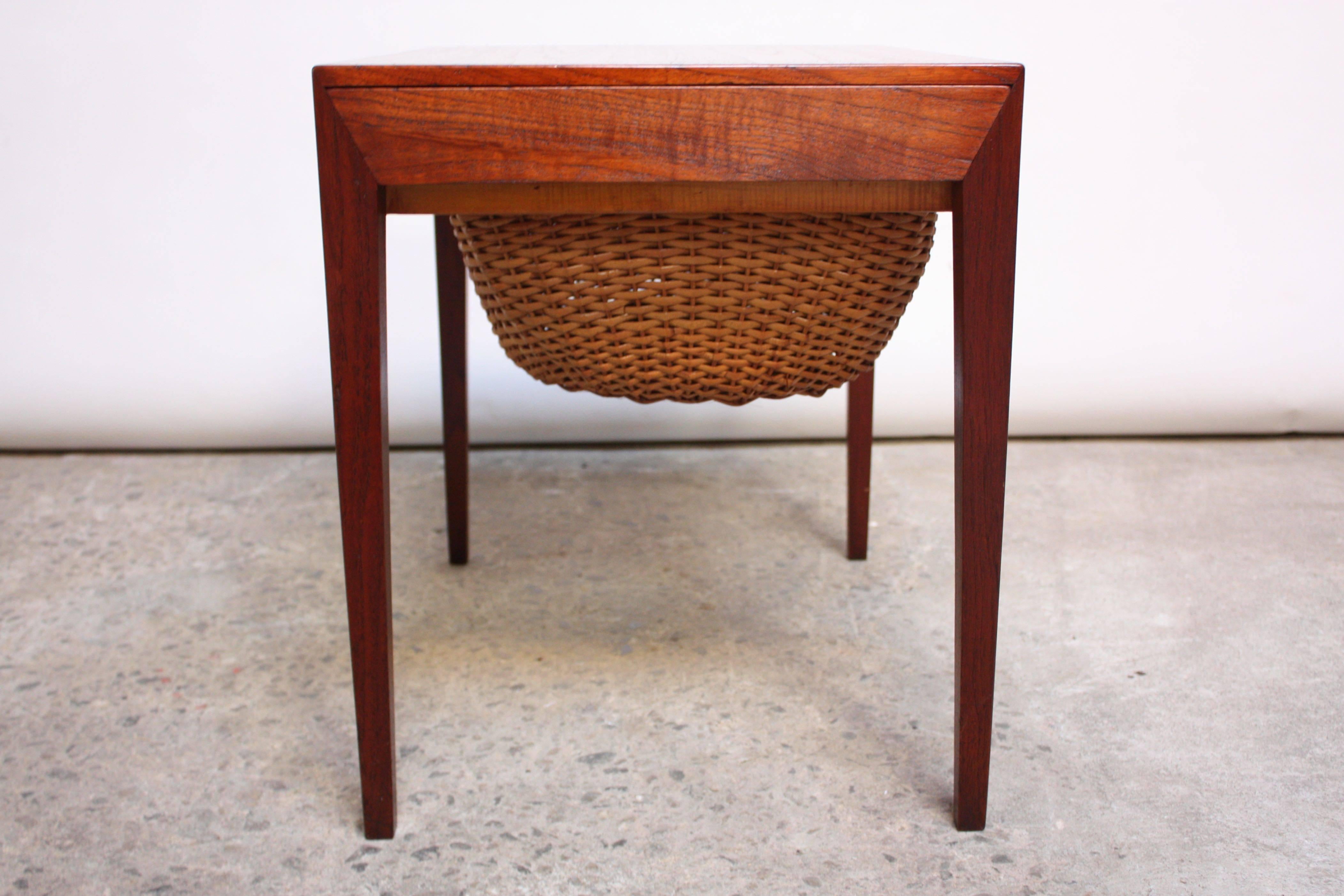 Woven Teak and Rattan Sewing Table by Severin Hansen Jr. for Haslev Mobelsnedkeri