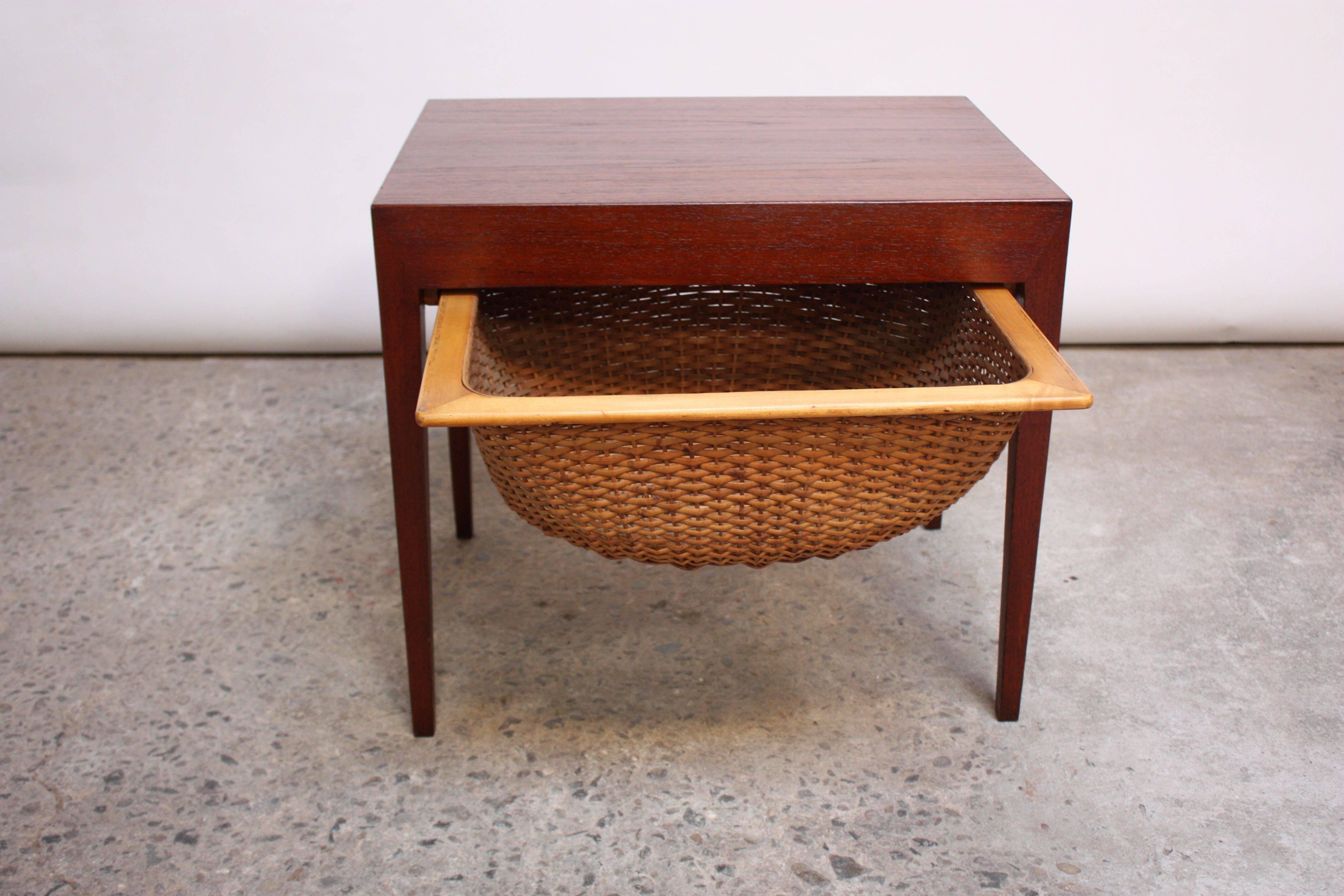 Teak and Rattan Sewing Table by Severin Hansen Jr. for Haslev Mobelsnedkeri In Good Condition In Brooklyn, NY