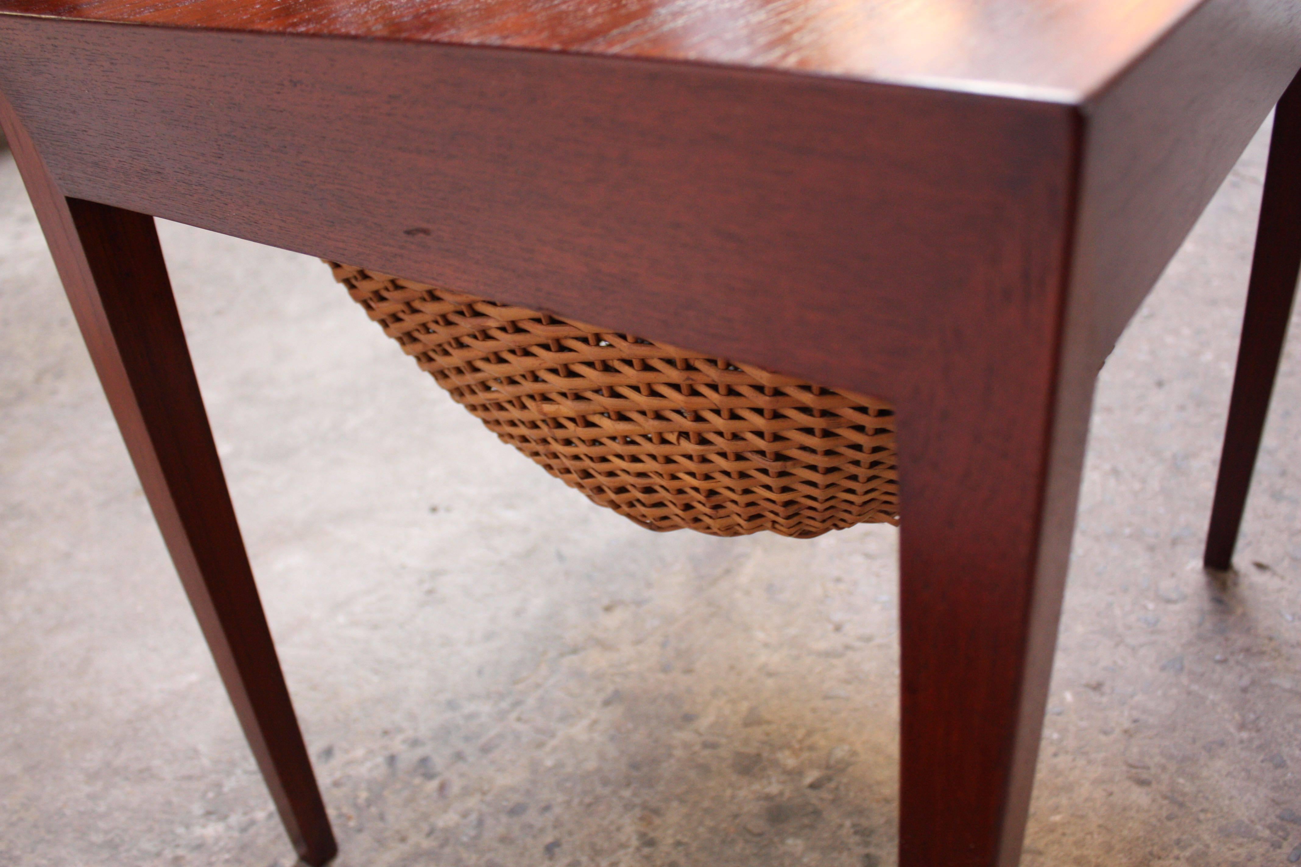 Mid-20th Century Teak and Rattan Sewing Table by Severin Hansen Jr. for Haslev Mobelsnedkeri