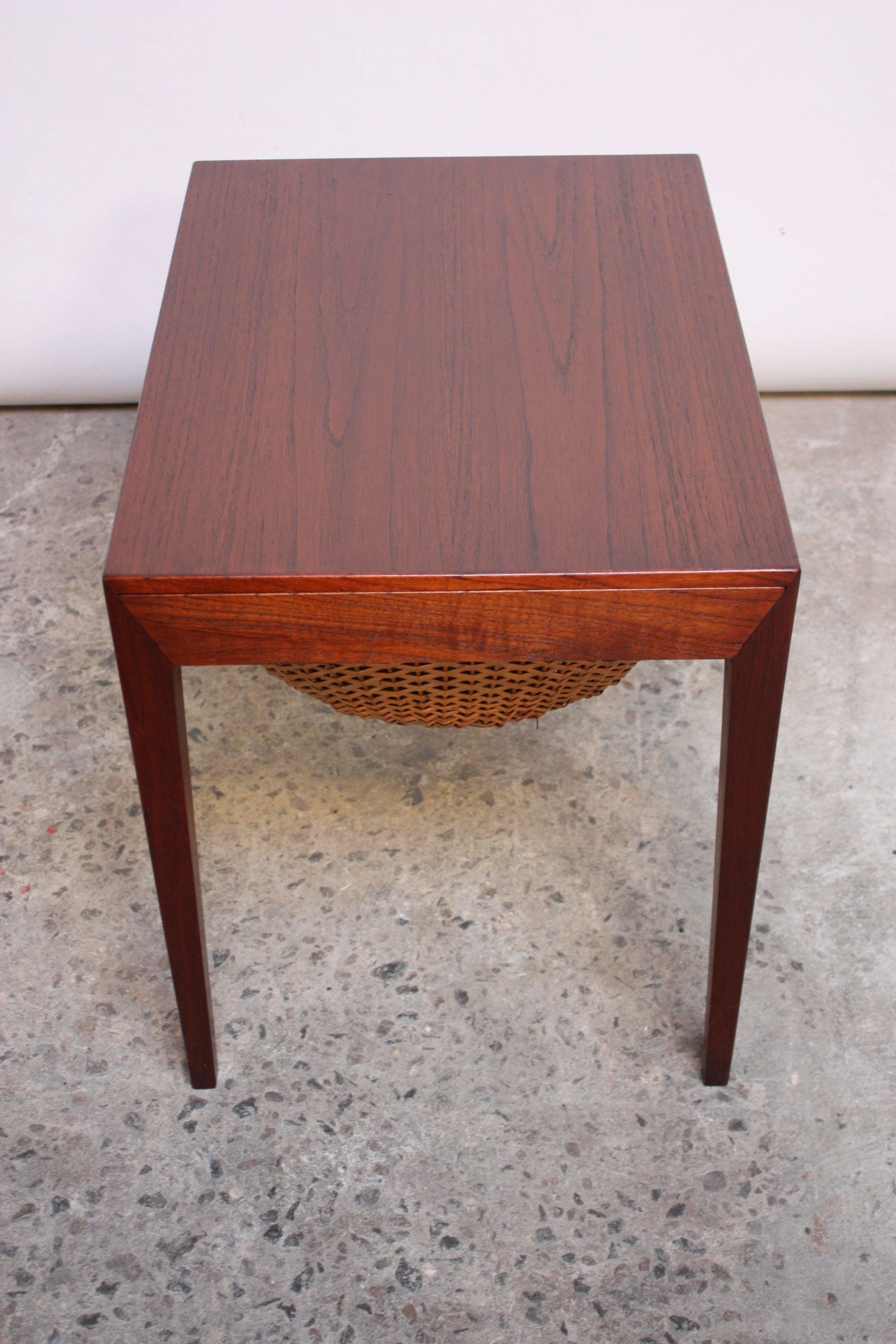 Teak and Rattan Sewing Table by Severin Hansen Jr. for Haslev Mobelsnedkeri 1