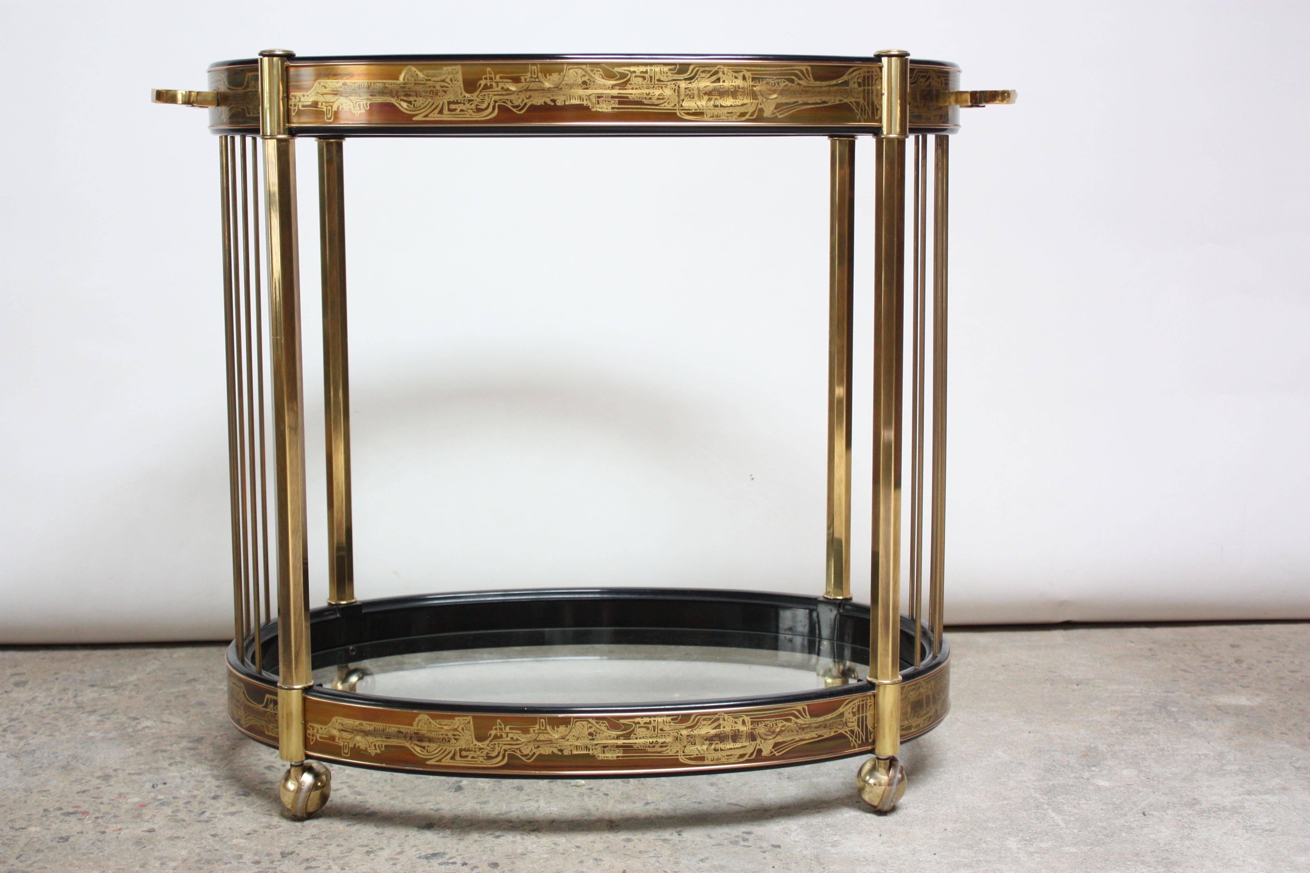 Hollywood Regency Bernhard Rohne for Mastercraft Etched Brass Two-Tier Bar Cart