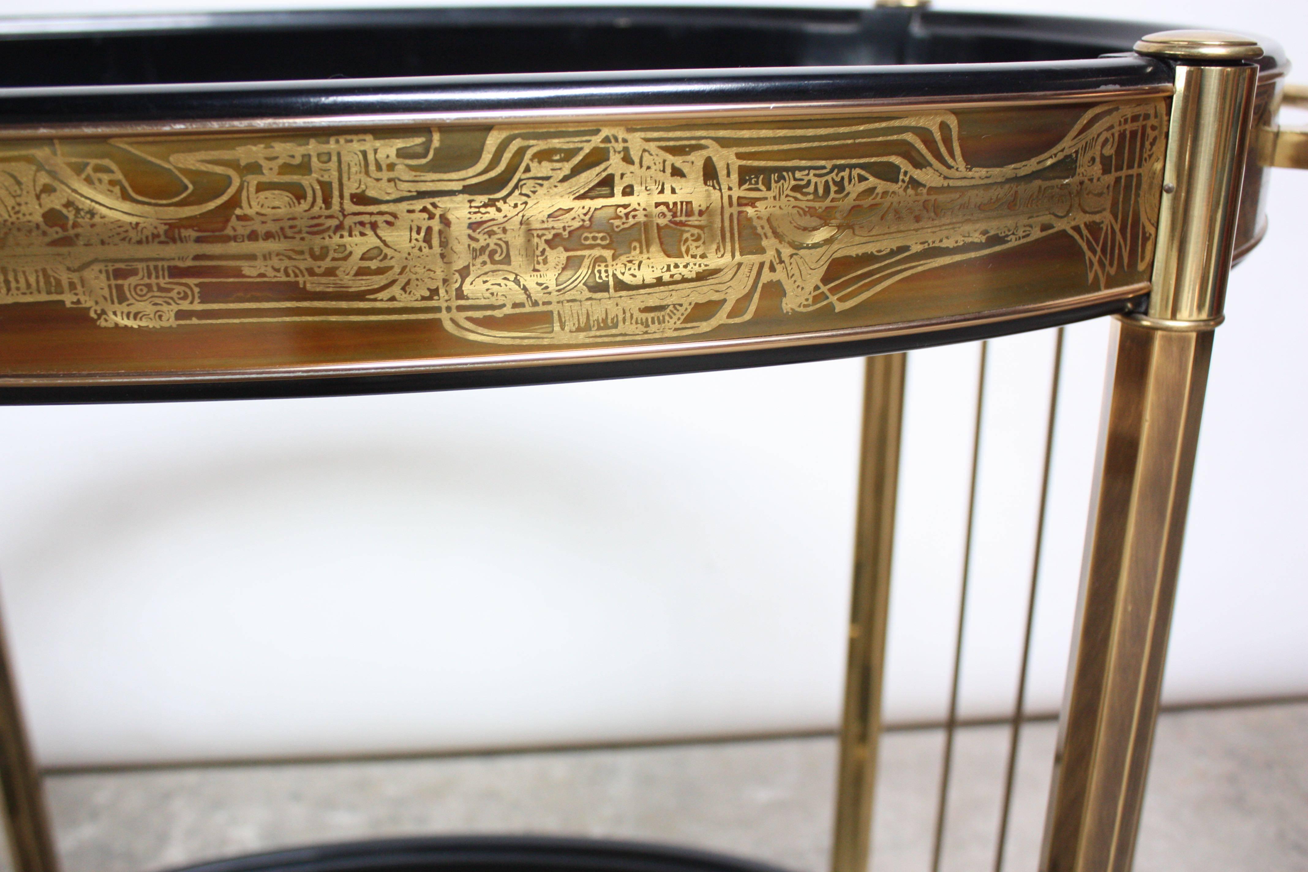 Bernhard Rohne for Mastercraft Etched Brass Two-Tier Bar Cart In Good Condition In Brooklyn, NY