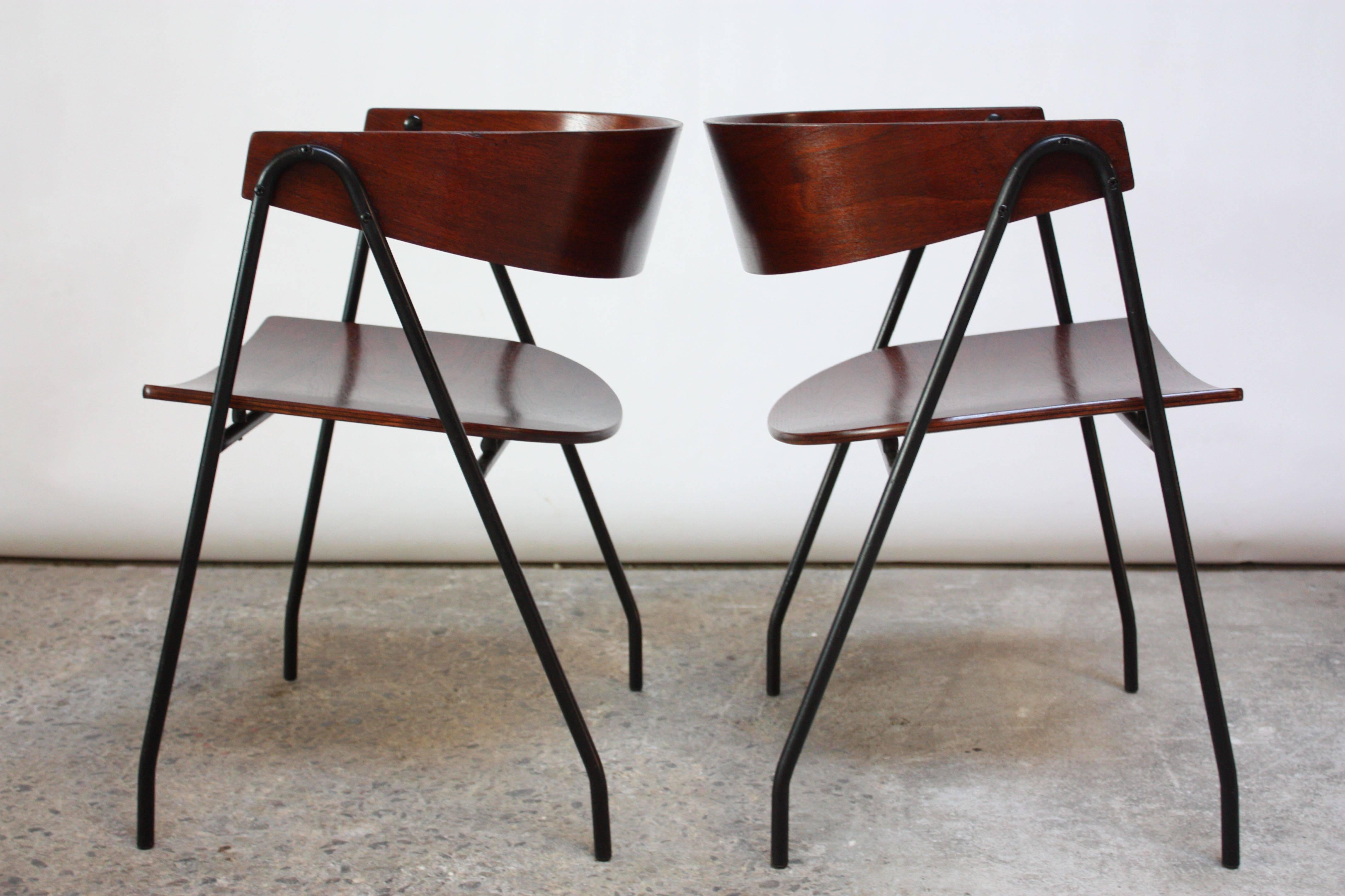 Pair of French Bentwood and Steel 'Compass' Chairs after Pierre Guariche In Good Condition In Brooklyn, NY