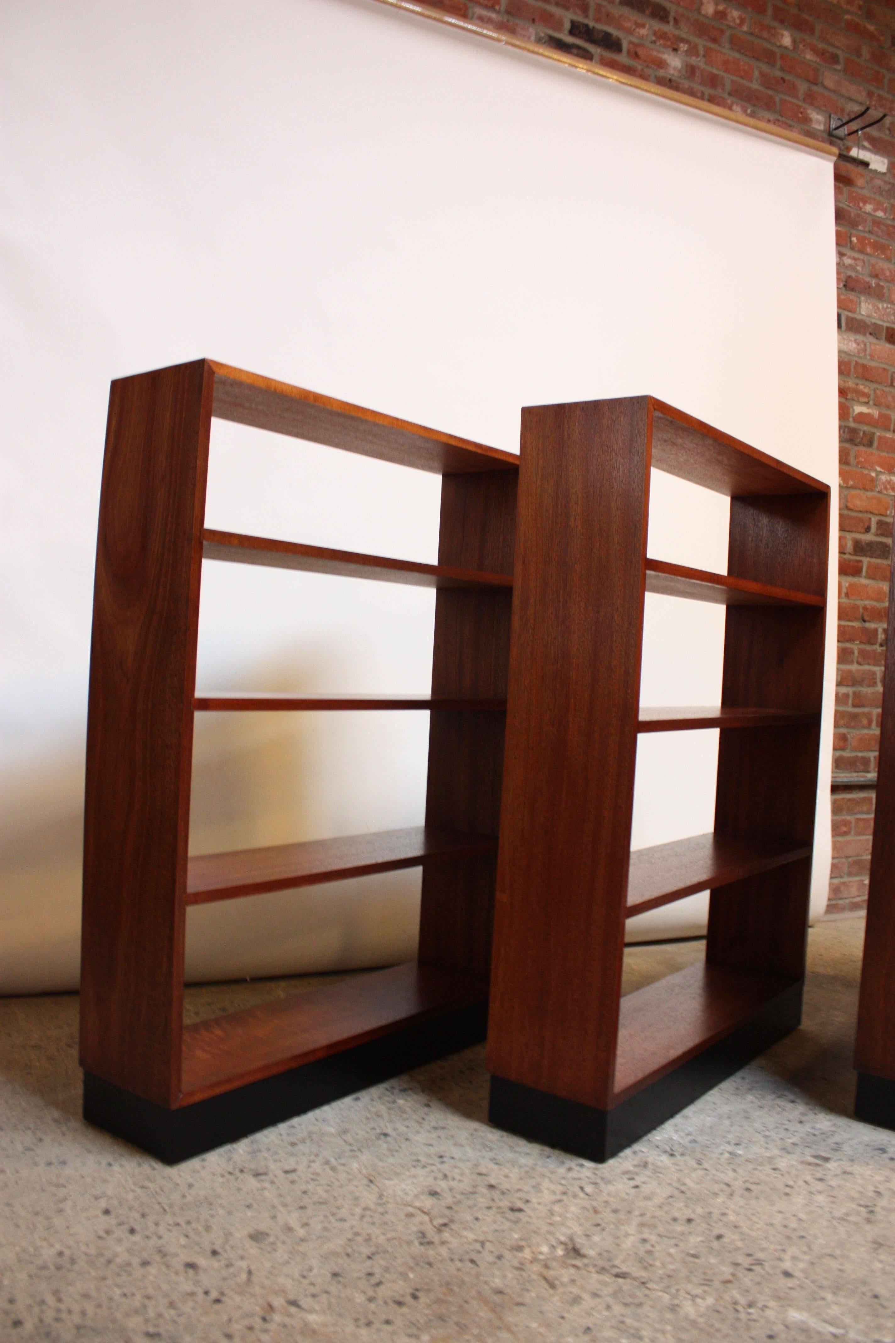 Mid-Century Custom Mahogany Book Shelves with Ebonized Plinth Bases 1