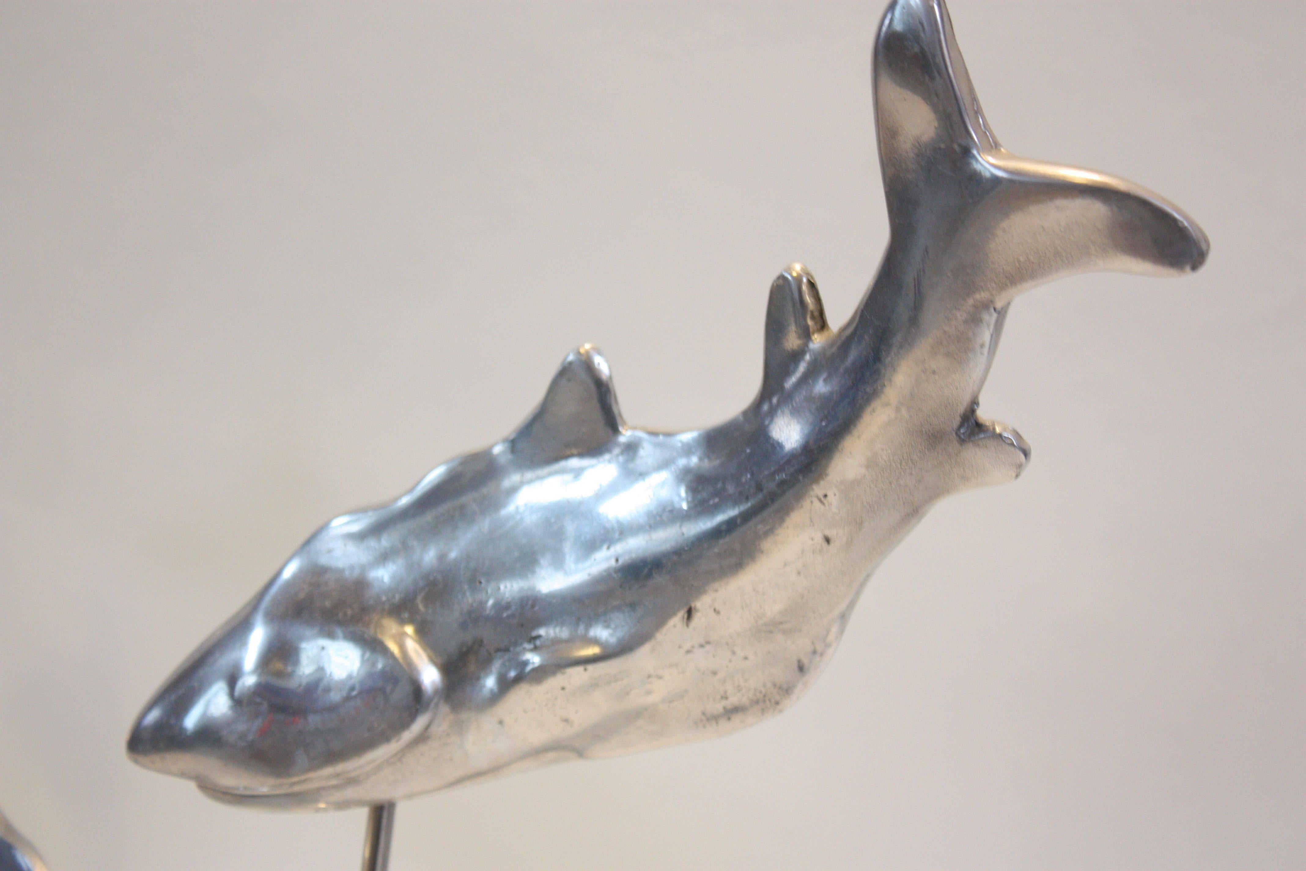 Cast Aluminium and Lucite Trio of Sharks Sculpture