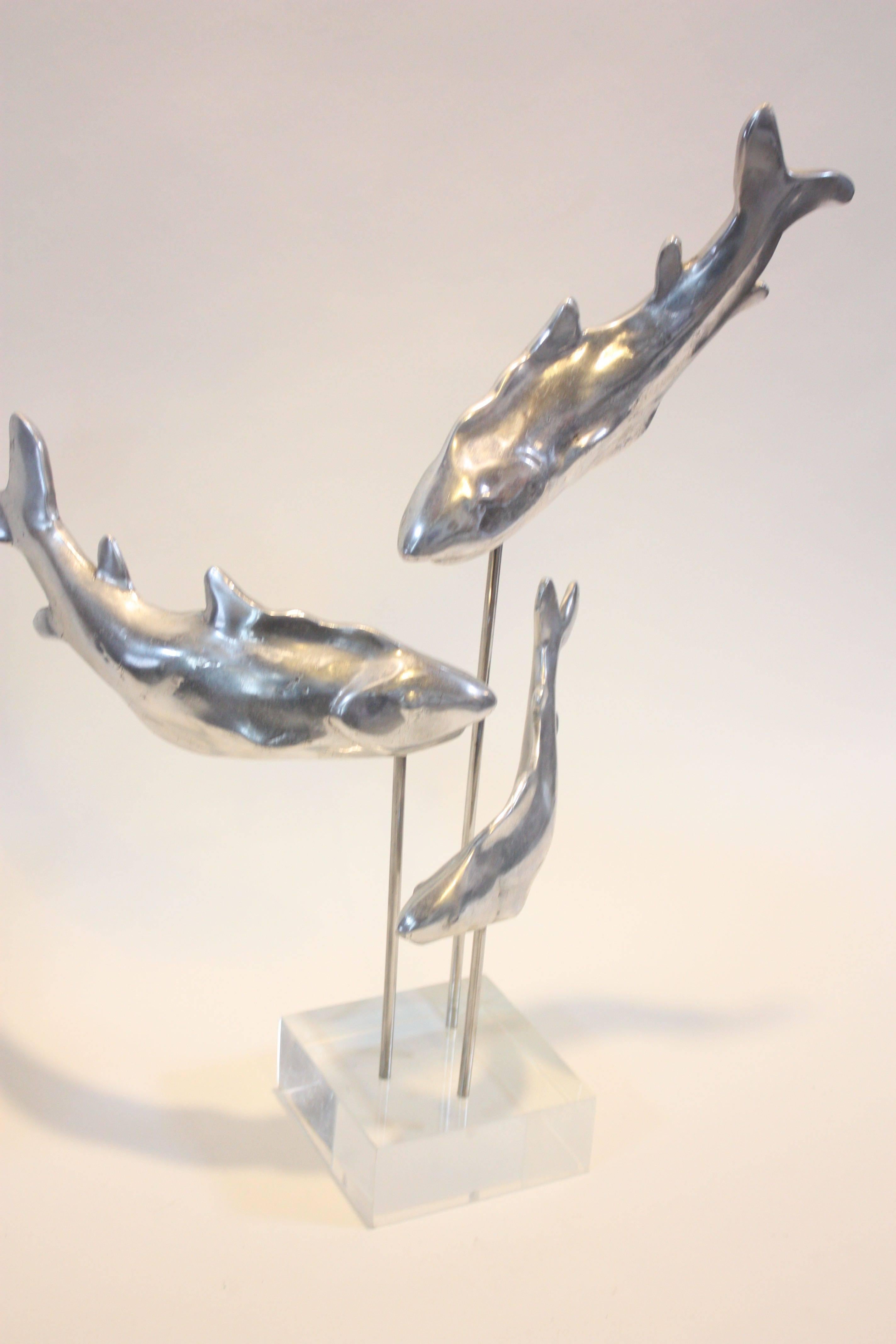 Hollywood Regency Aluminium and Lucite Trio of Sharks Sculpture