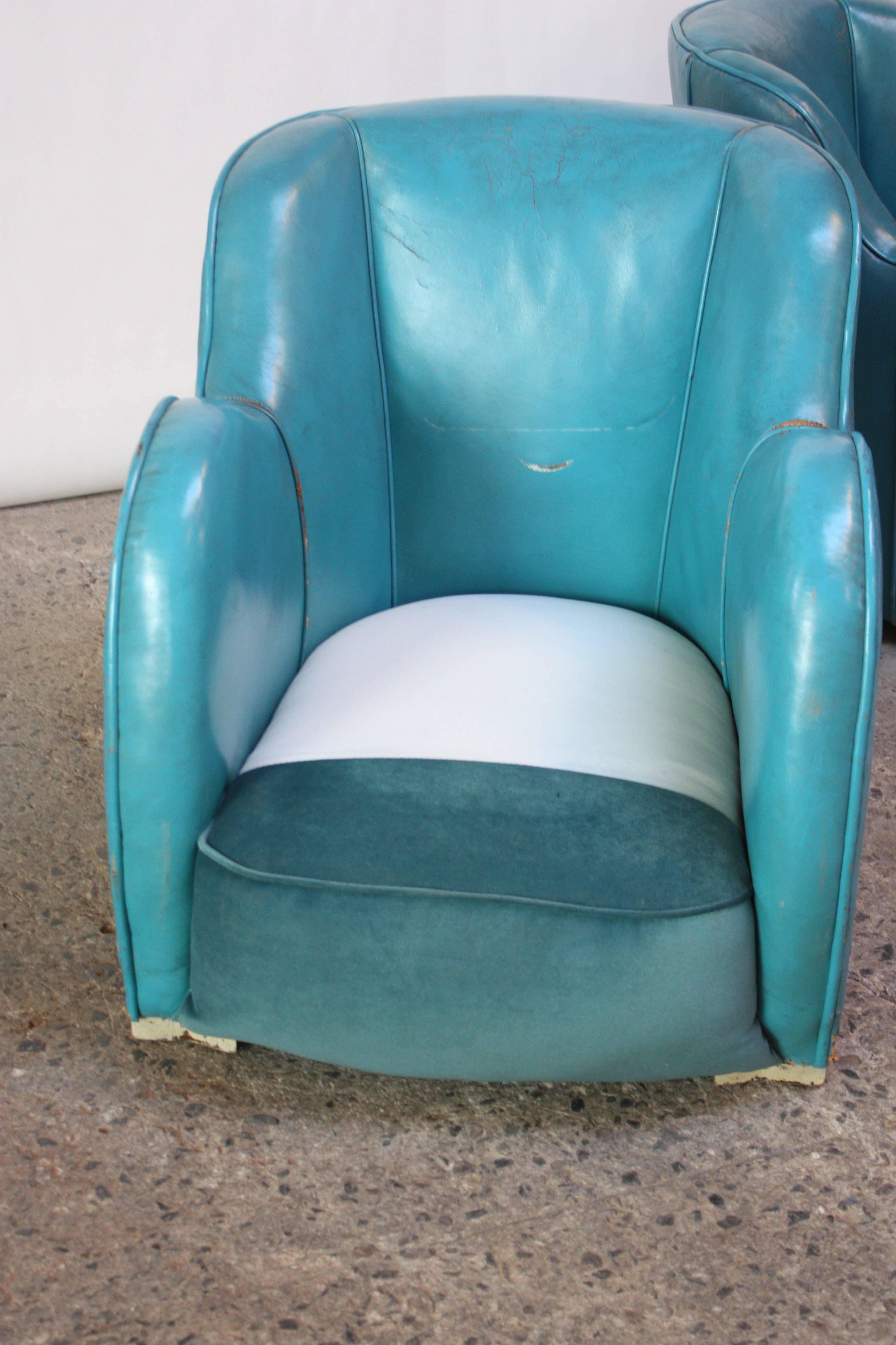 Scandinavian Deco Club Chairs in Blue Leather and Velvet 3
