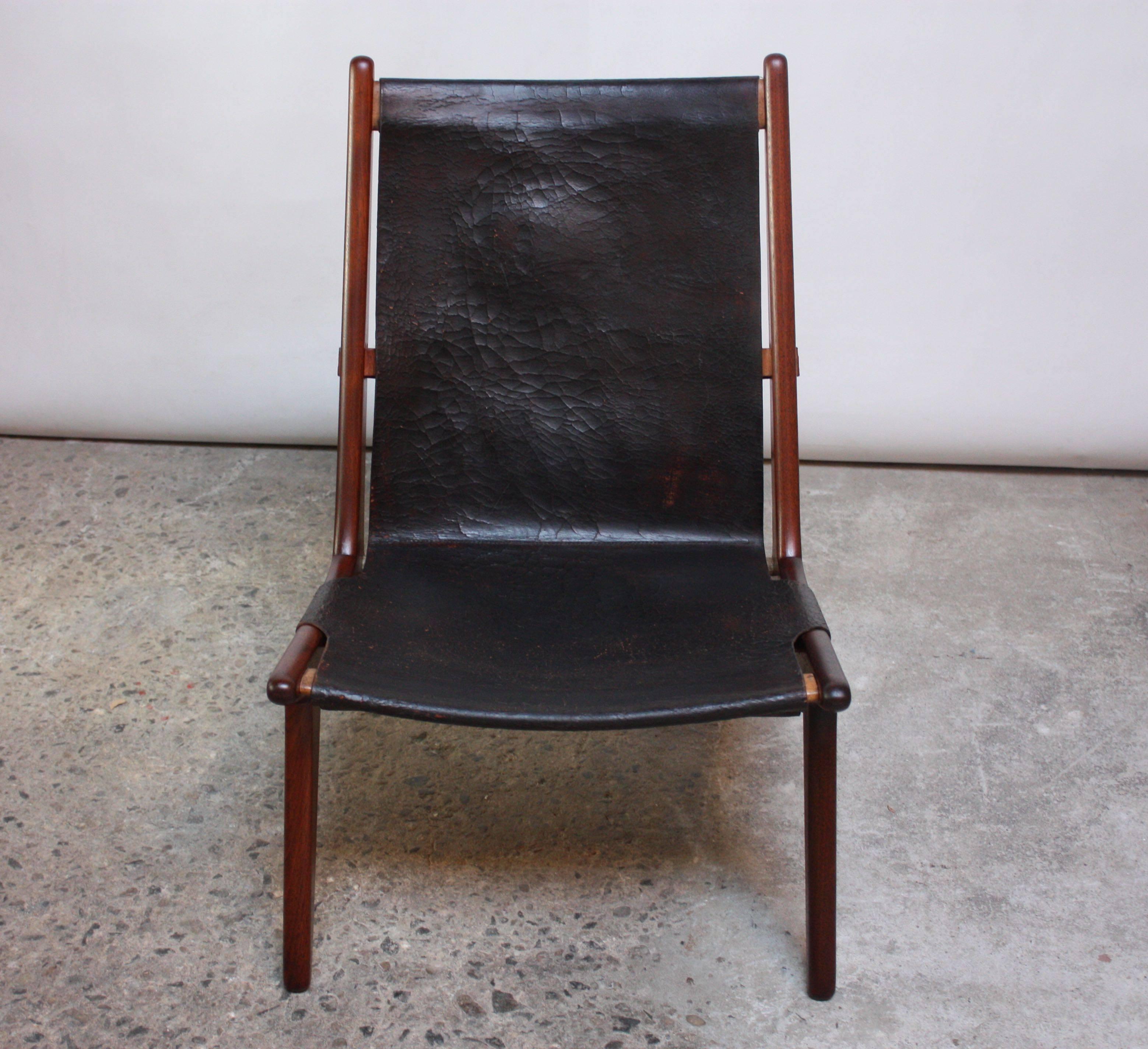 Plated Swedish Teak and Leather Hunting Chair Model #204 by Uno and Östen Kristiansson