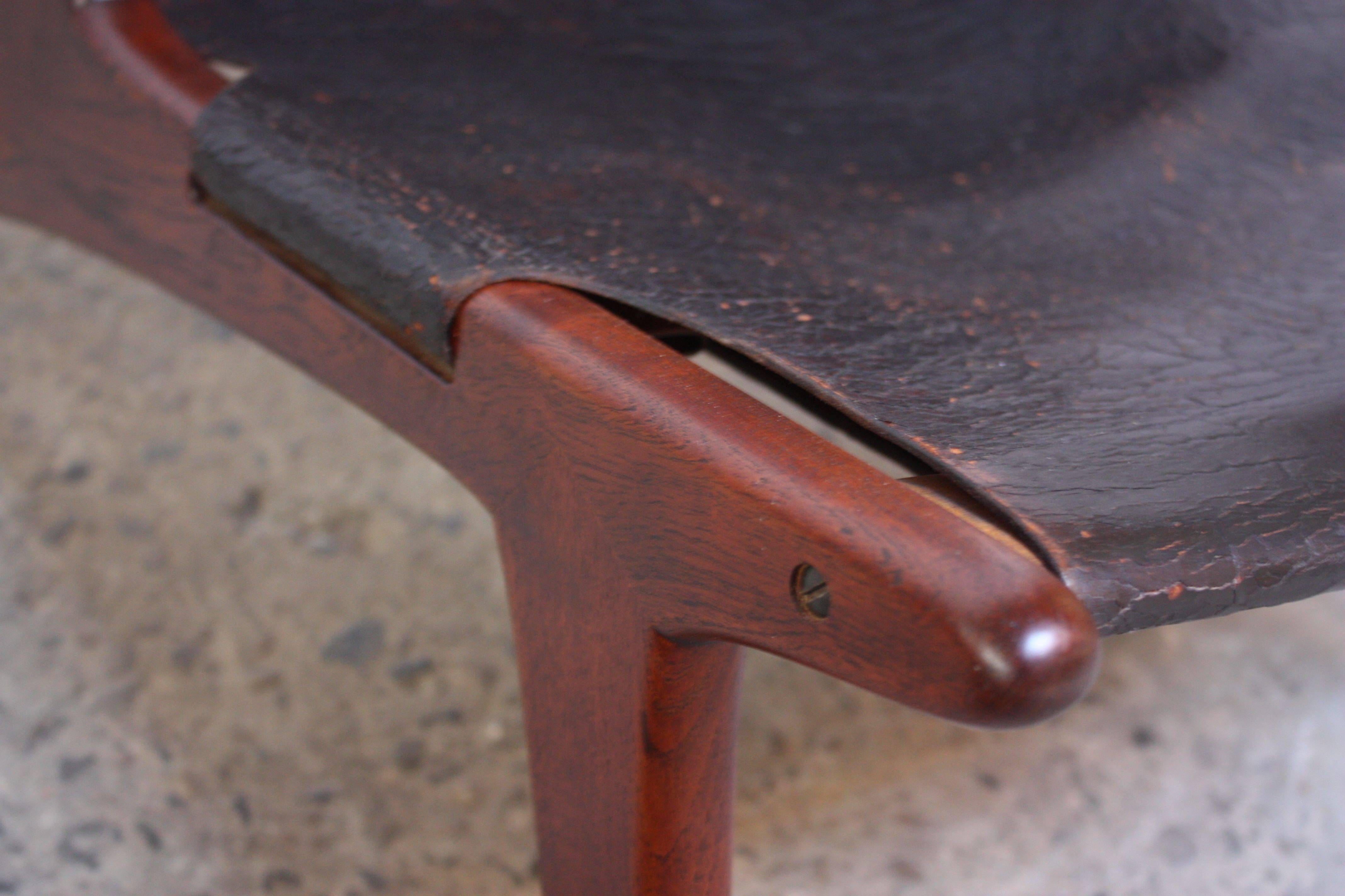 Steel Swedish Teak and Leather Hunting Chair Model #204 by Uno and Östen Kristiansson