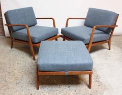 Pair of Mid-Century Walnut Armchairs and Ottoman by Mel Smilow