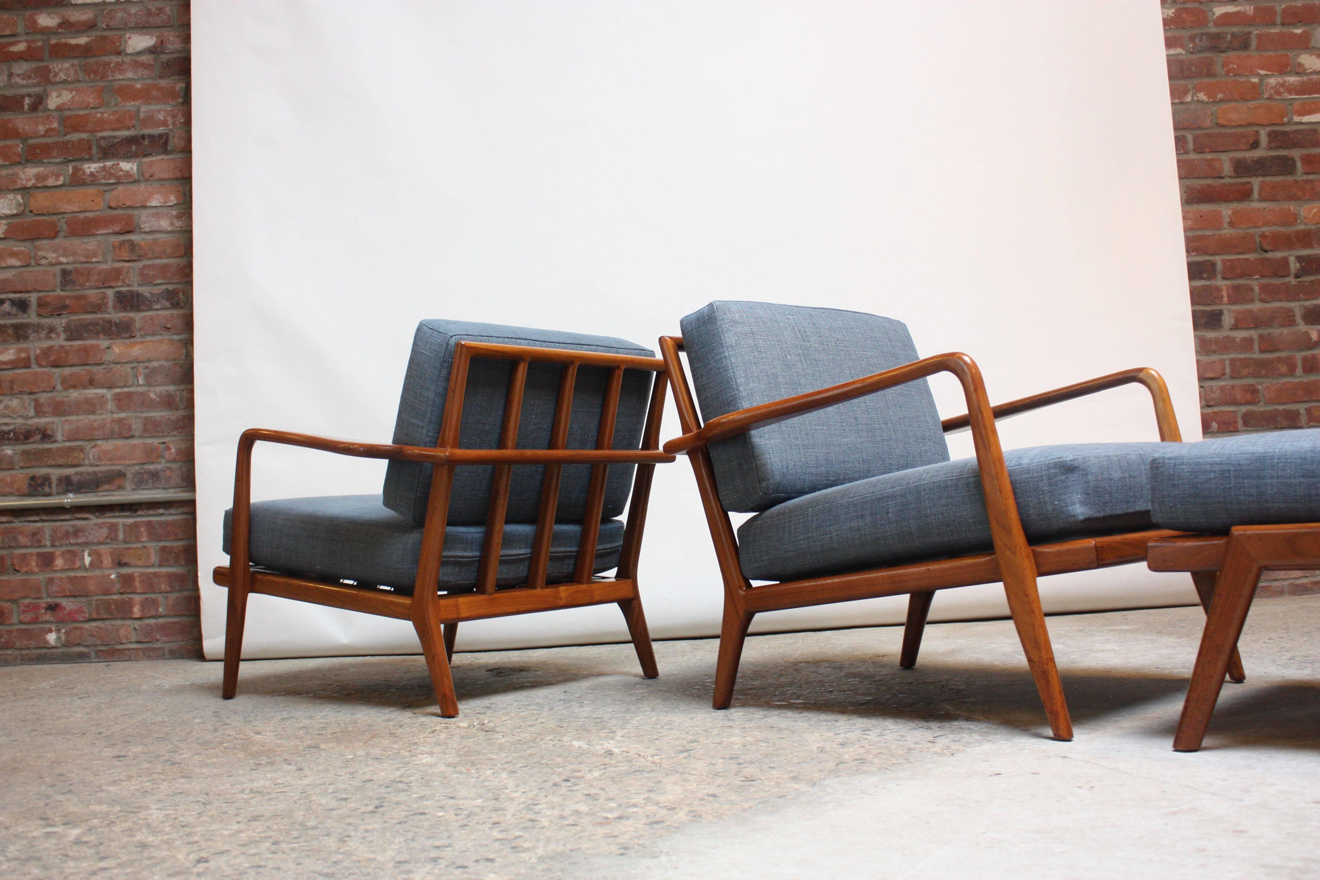 Steel Pair of Mid-Century Walnut Armchairs and Ottoman by Mel Smilow