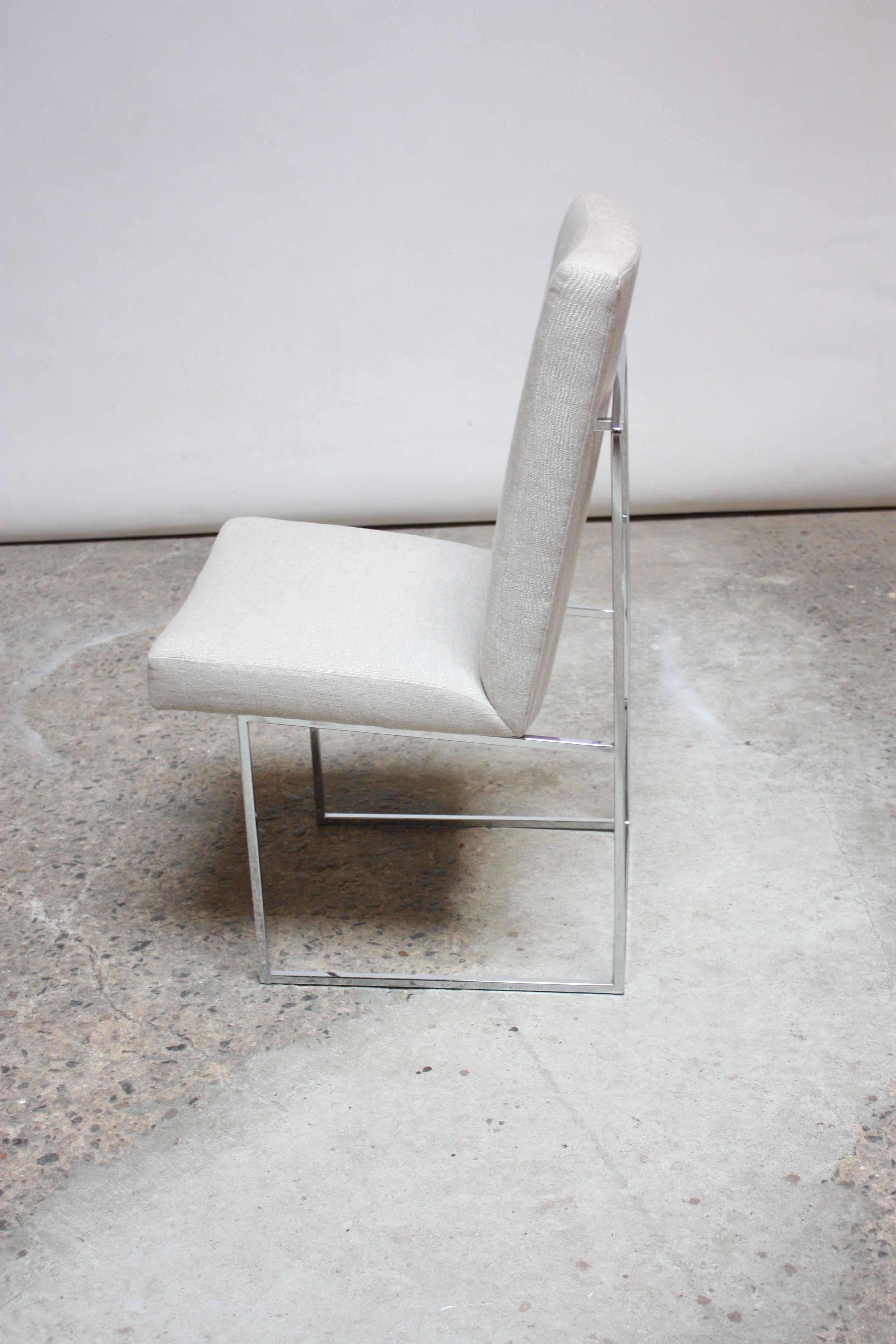 Linen Set of Six Milo Baughman 'Thin Line' Chrome Dining Chairs