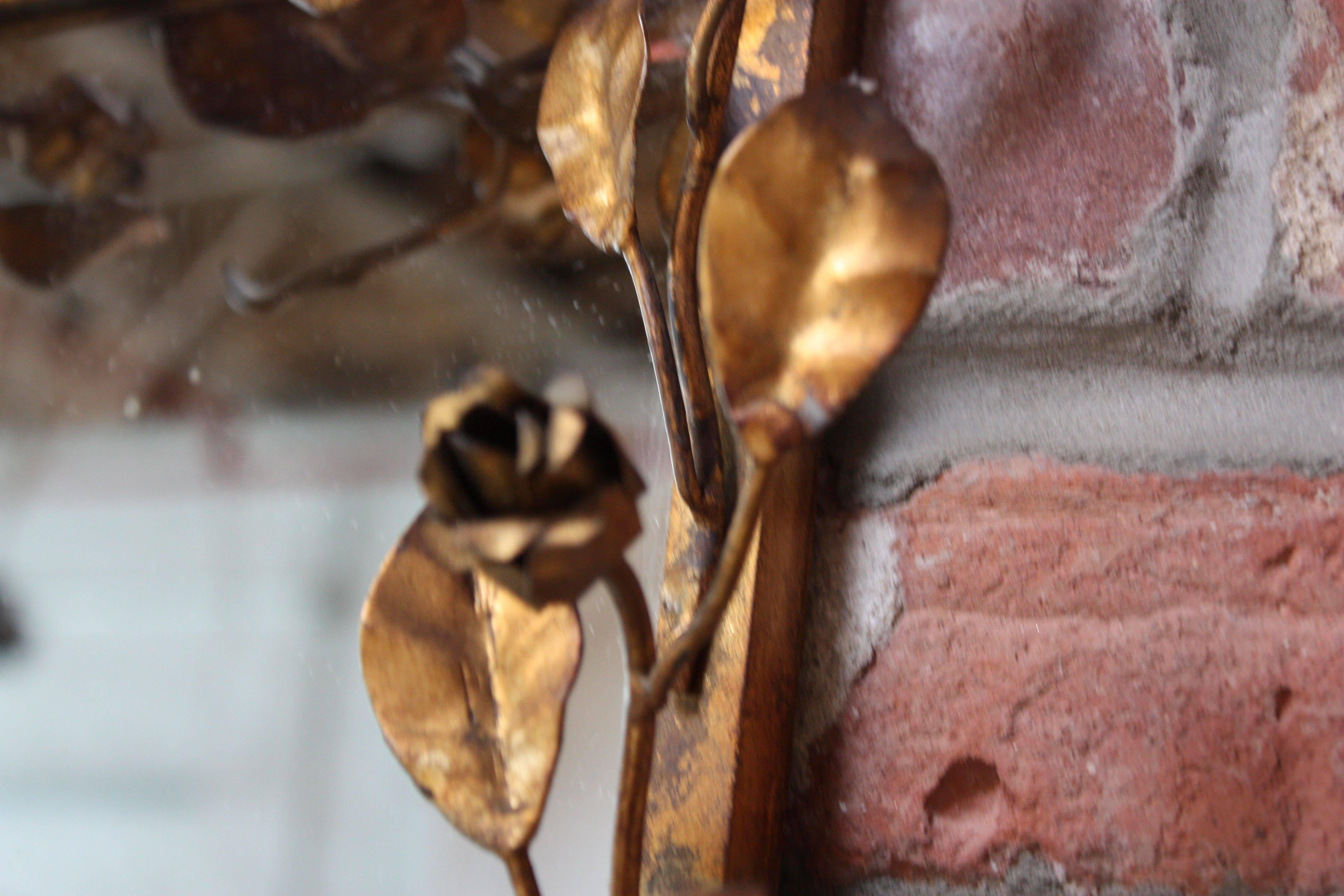 Mid-Century Modern Italian Gilt Tole Floral Motif Mirror with Shelf