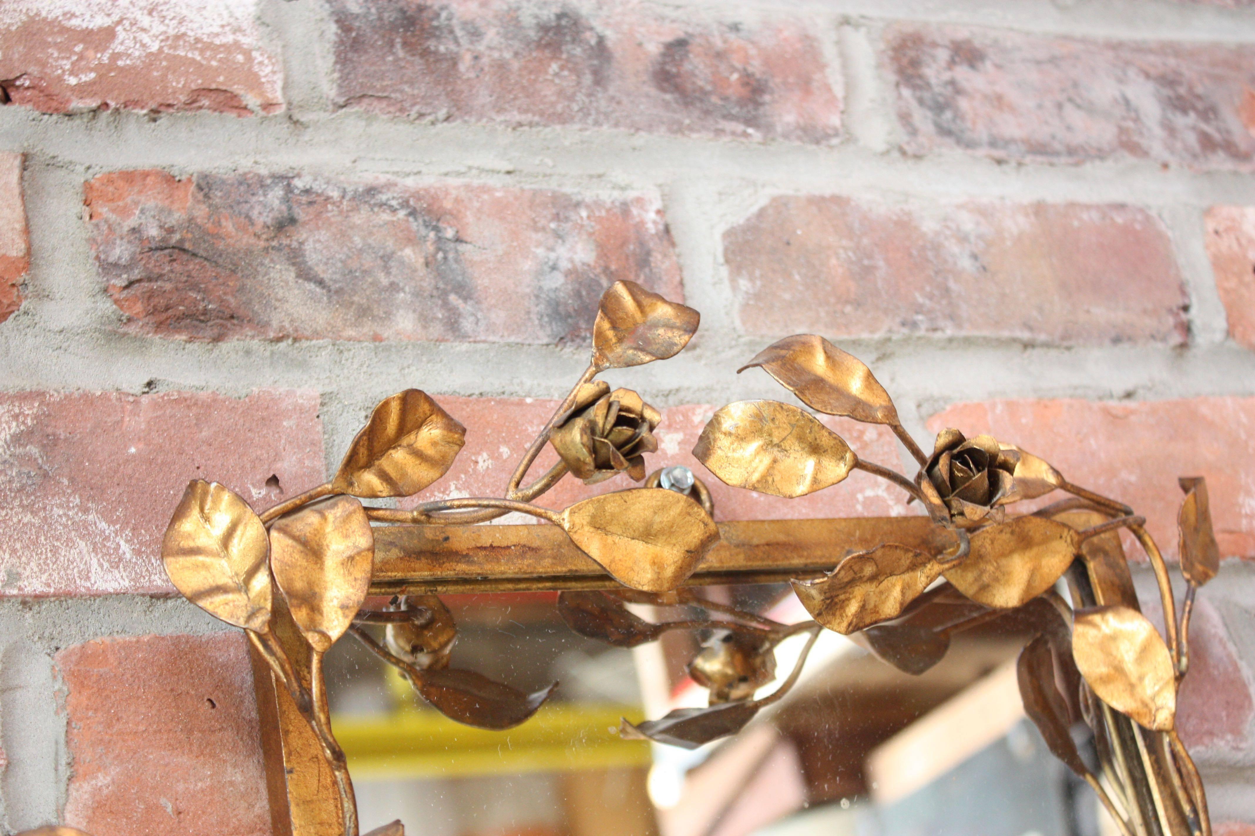 Mid-20th Century Italian Gilt Tole Floral Motif Mirror with Shelf