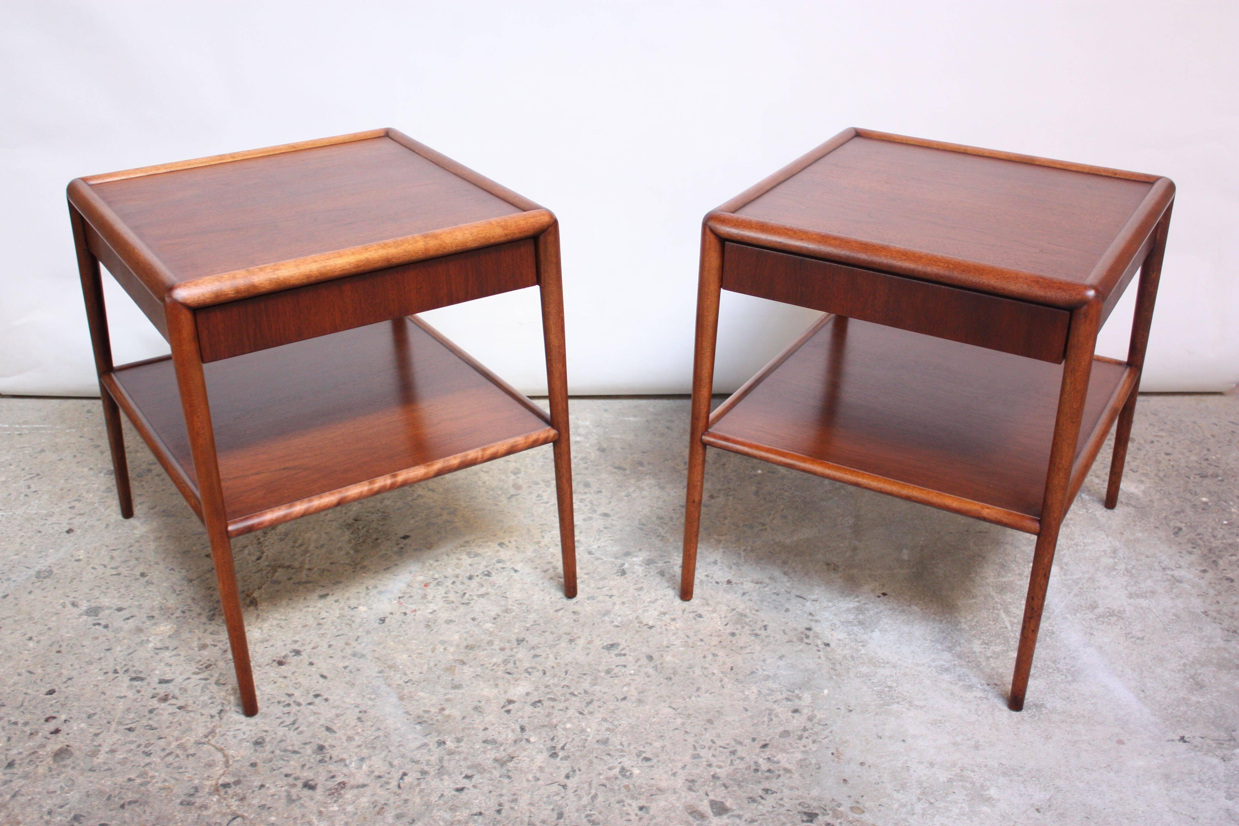 Walnut Pair of T. H. Robsjohn-Gibbings Single Drawer End Tables