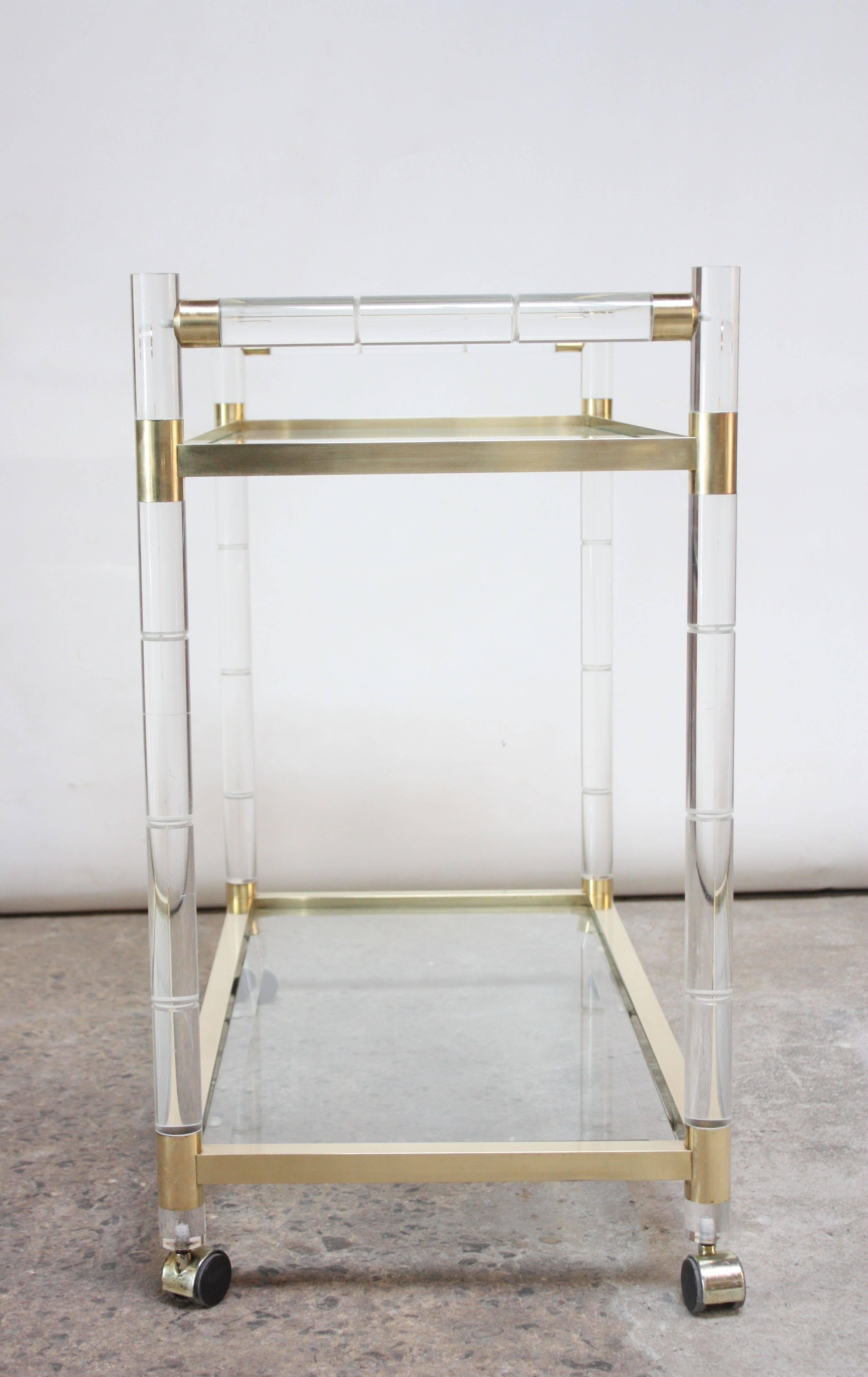 Hollywood Regency Charles Hollis Jones Lucite Faux-Bamboo and Brass Serving Cart