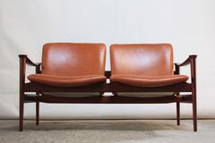Vintage Norwegian Modern Loveseat in Leather and Teak by Fredrik Kayser