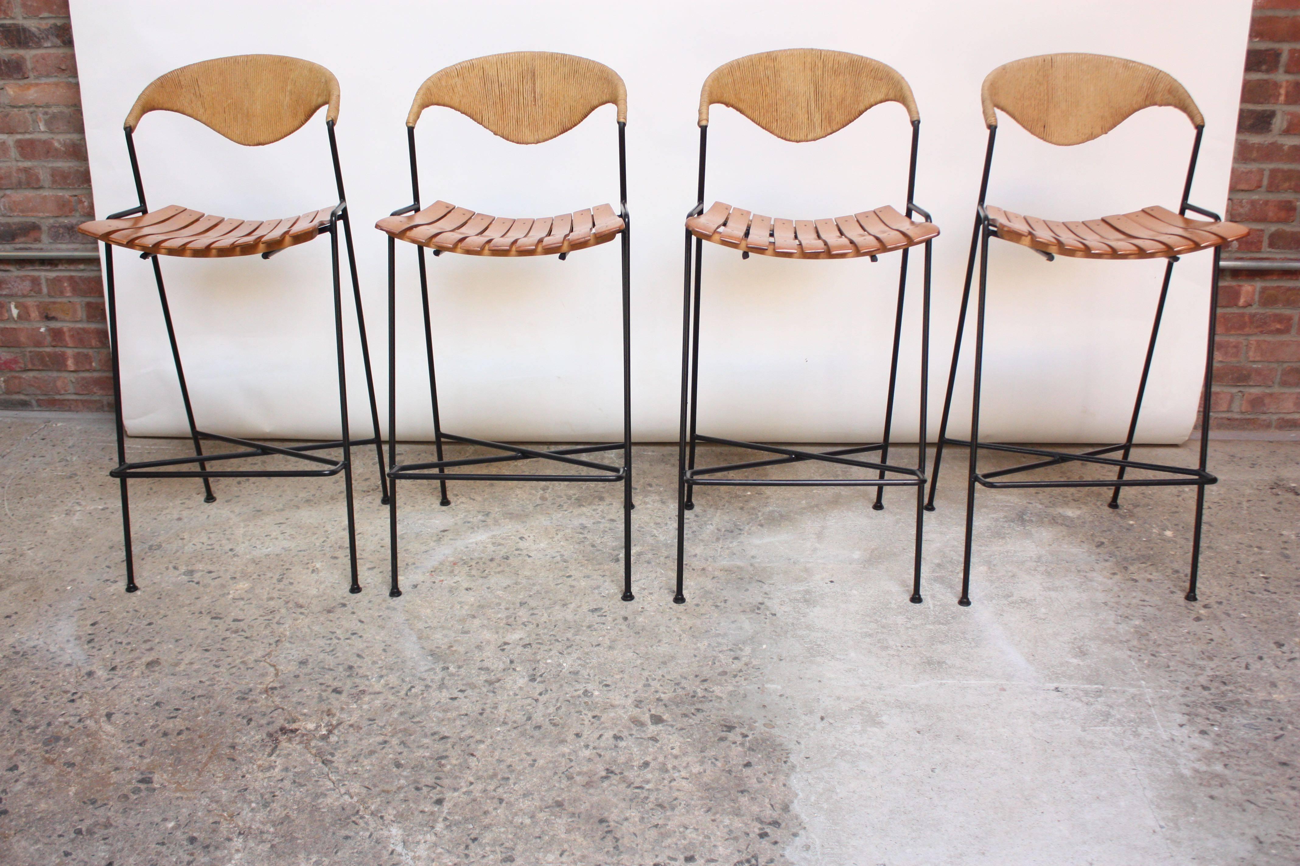 Mid-Century Modern Set of Four Rush and Iron Stools by Arthur Umanoff for Raymor