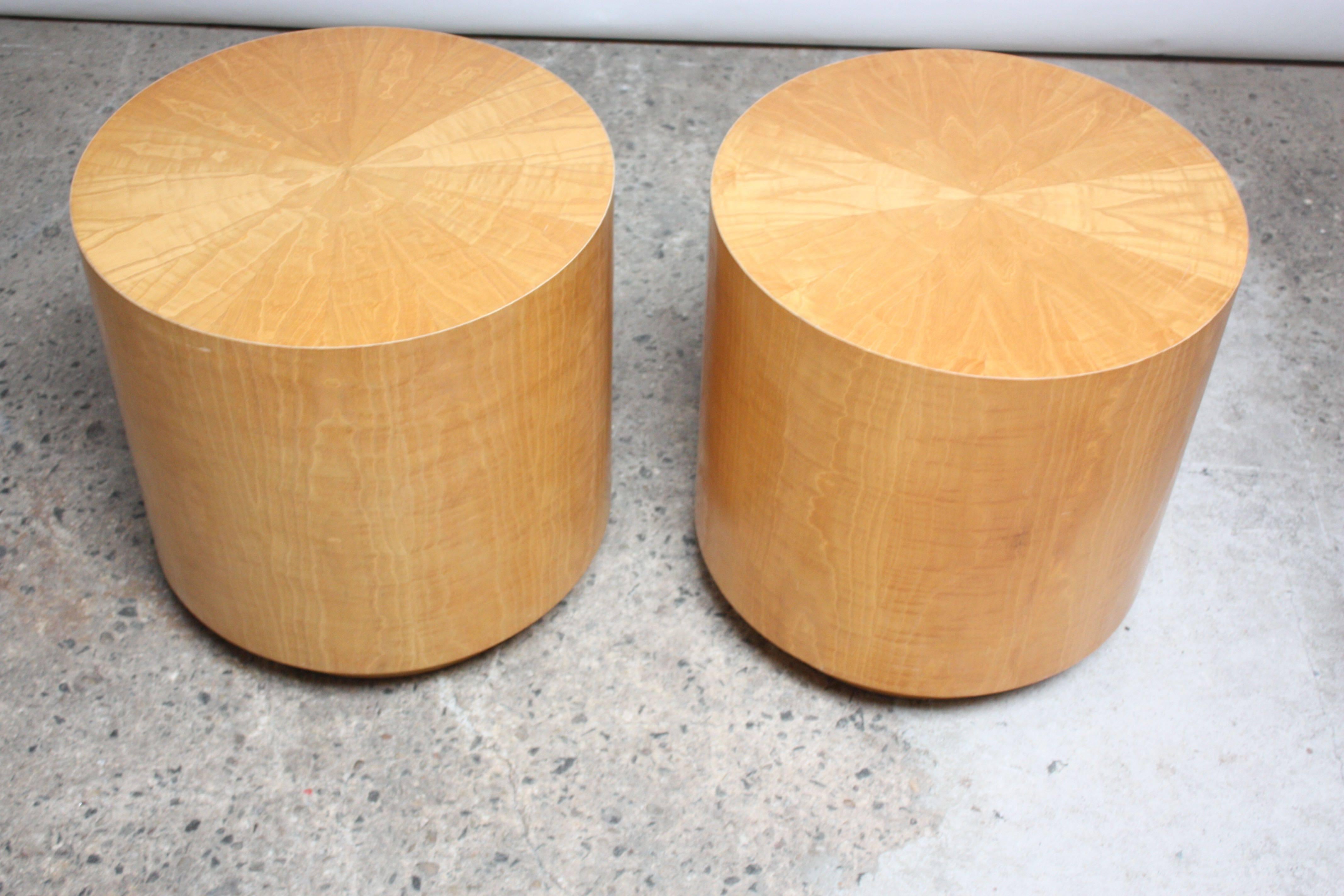 Mid-Century Modern Pair of Large Bookmatched Bird's-Eye Maple Drum Tables