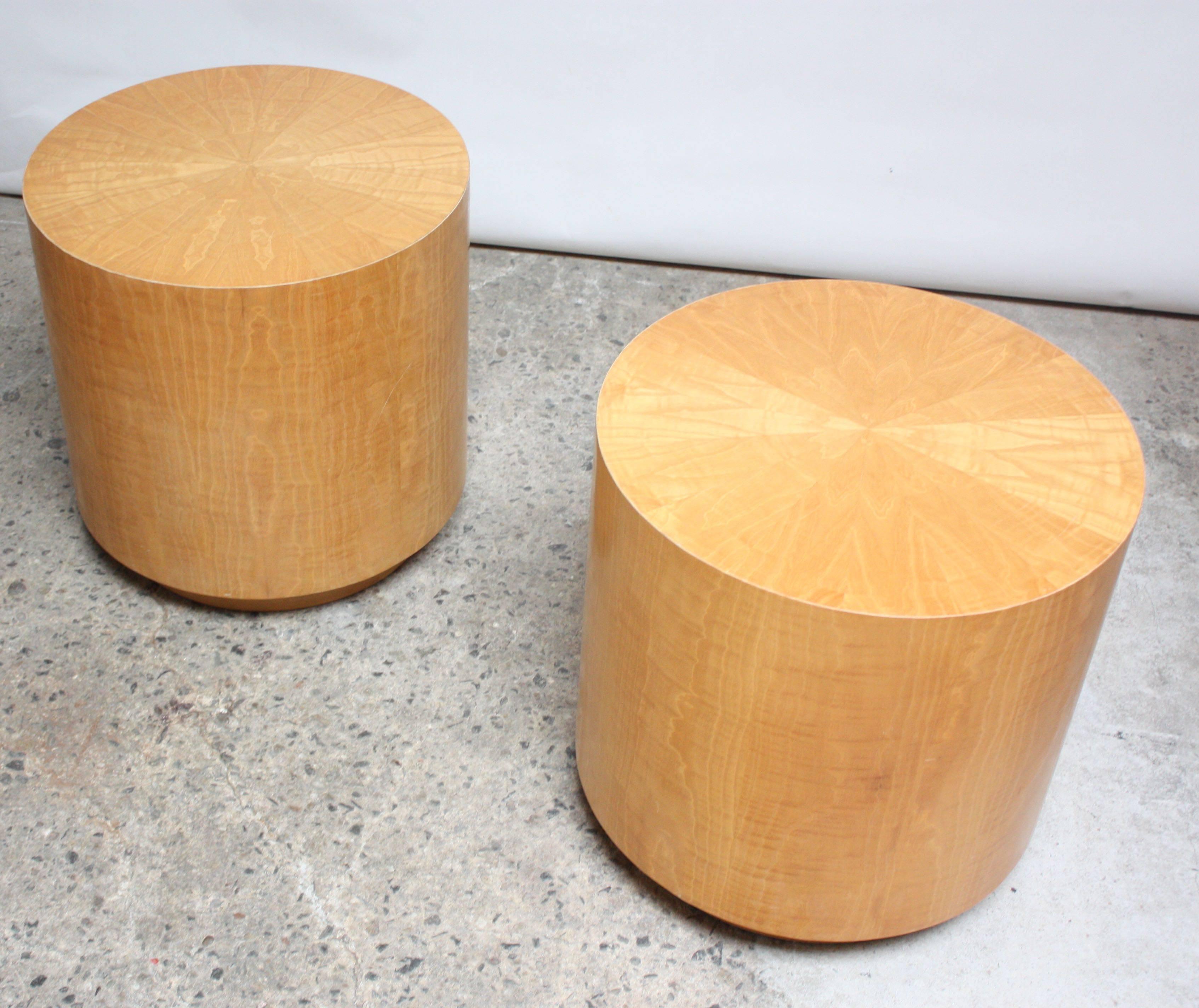 American Pair of Large Bookmatched Bird's-Eye Maple Drum Tables