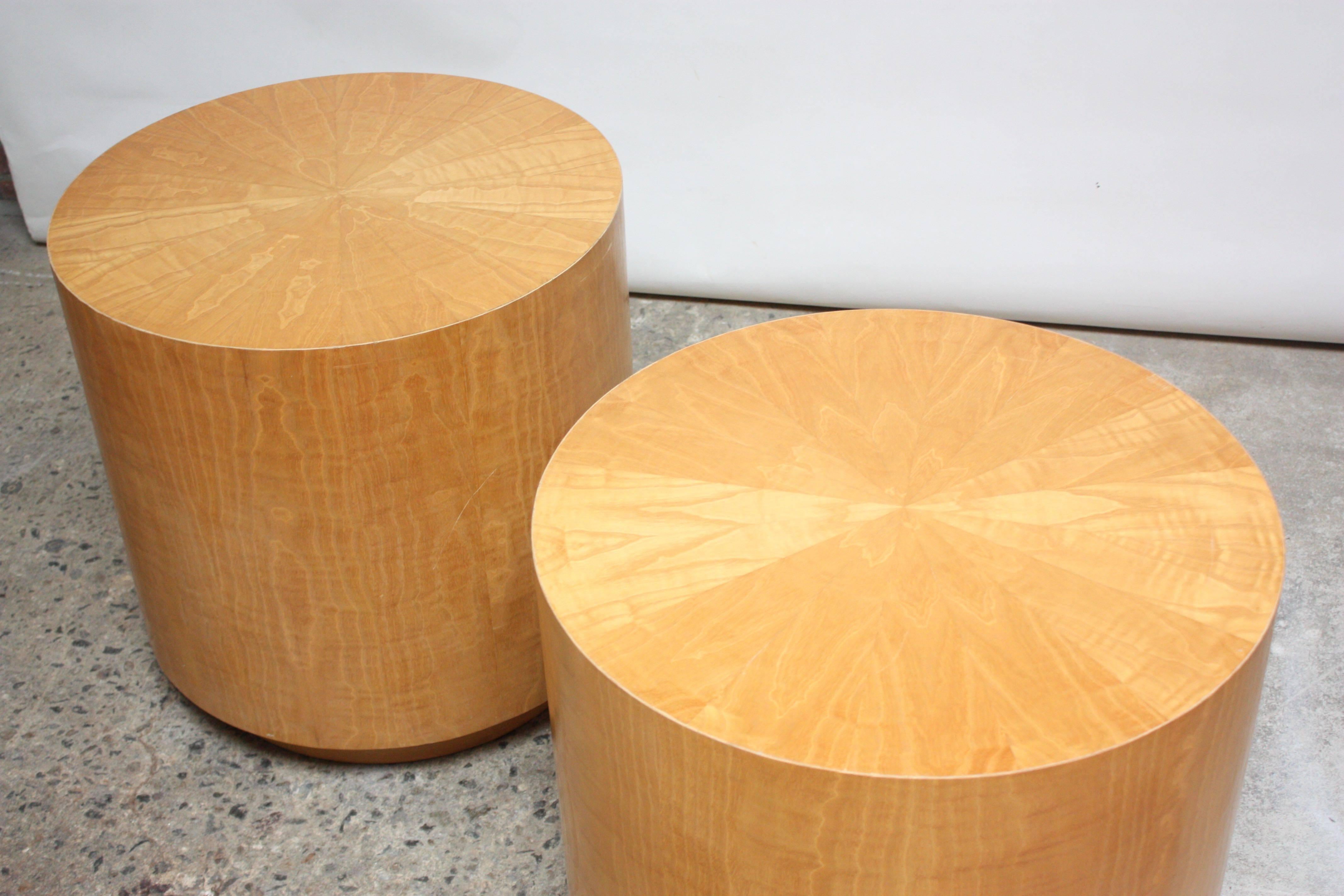 Late 20th Century Pair of Large Bookmatched Bird's-Eye Maple Drum Tables
