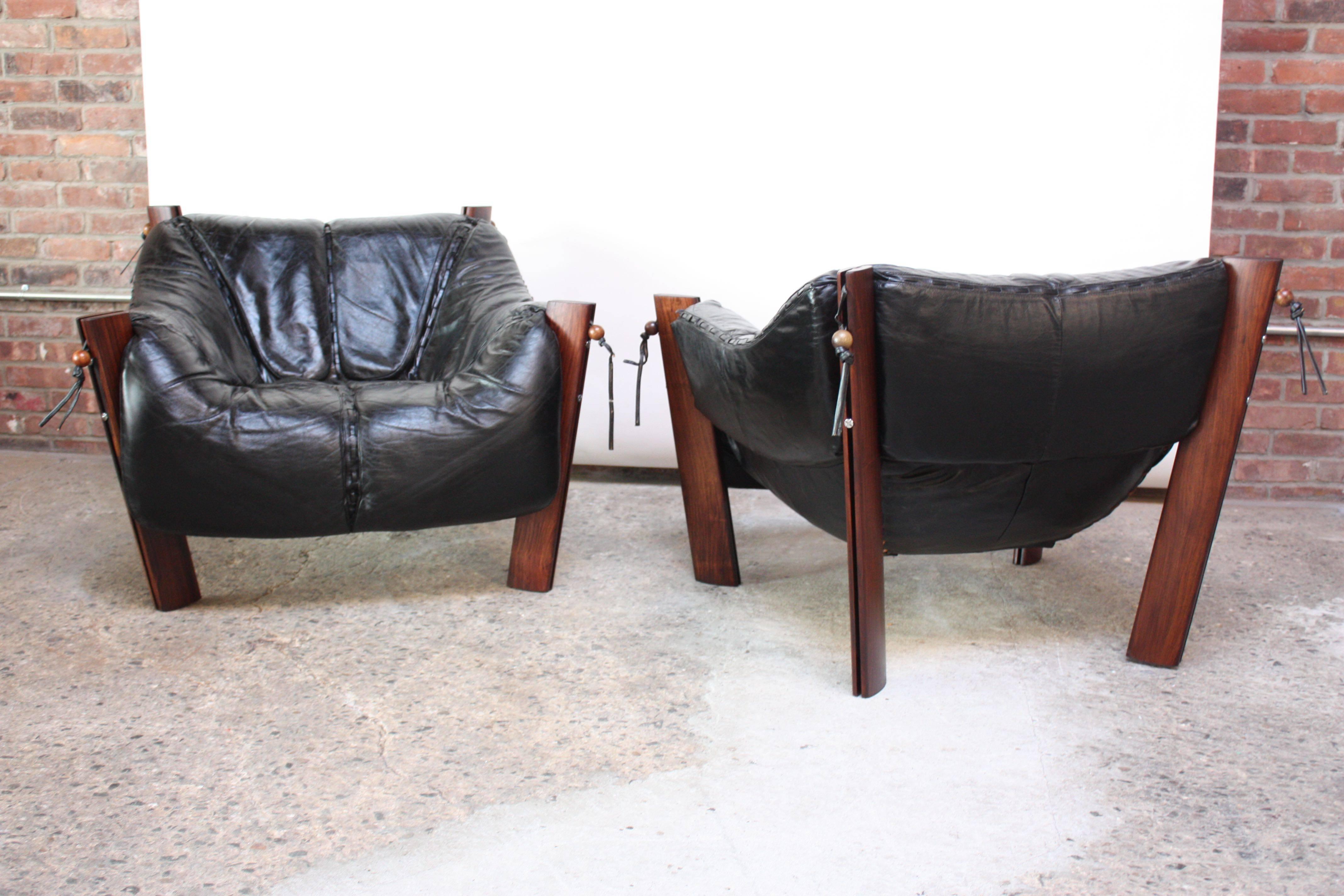 Pair of Jacaranda and Leather Lounge Chairs and Ottoman by Percival Lafer In Good Condition In Brooklyn, NY