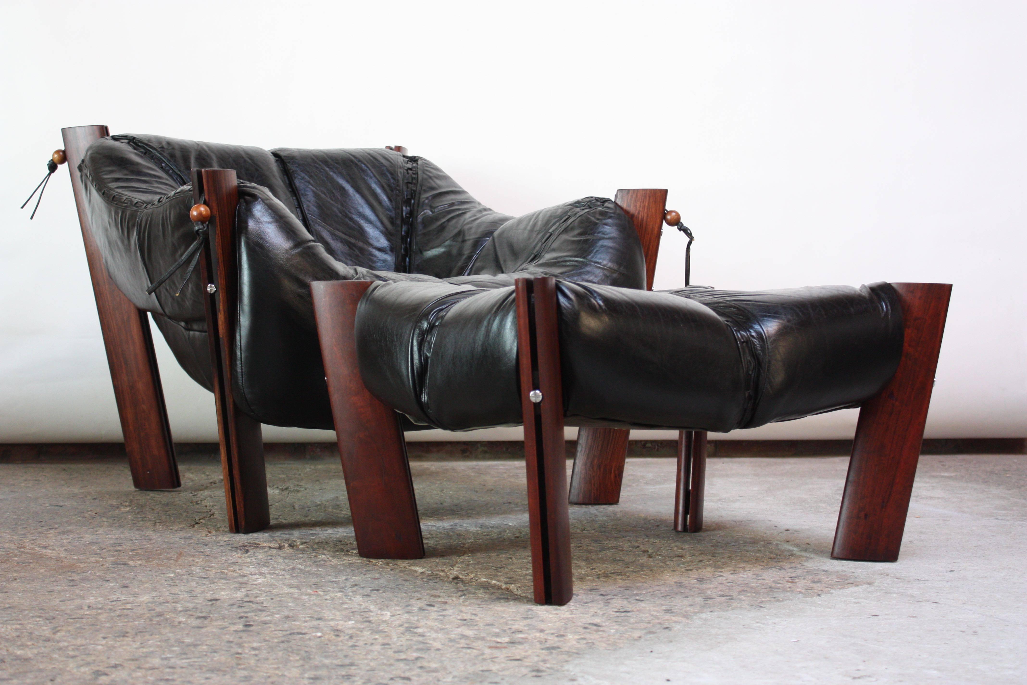 Late 20th Century Pair of Jacaranda and Leather Lounge Chairs and Ottoman by Percival Lafer